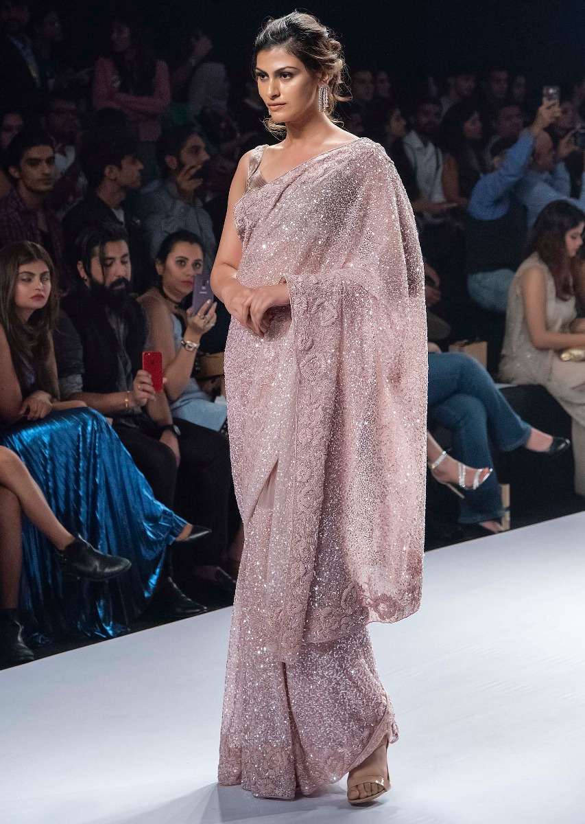 Blush pink hand sequins embroidered saree with spring work border