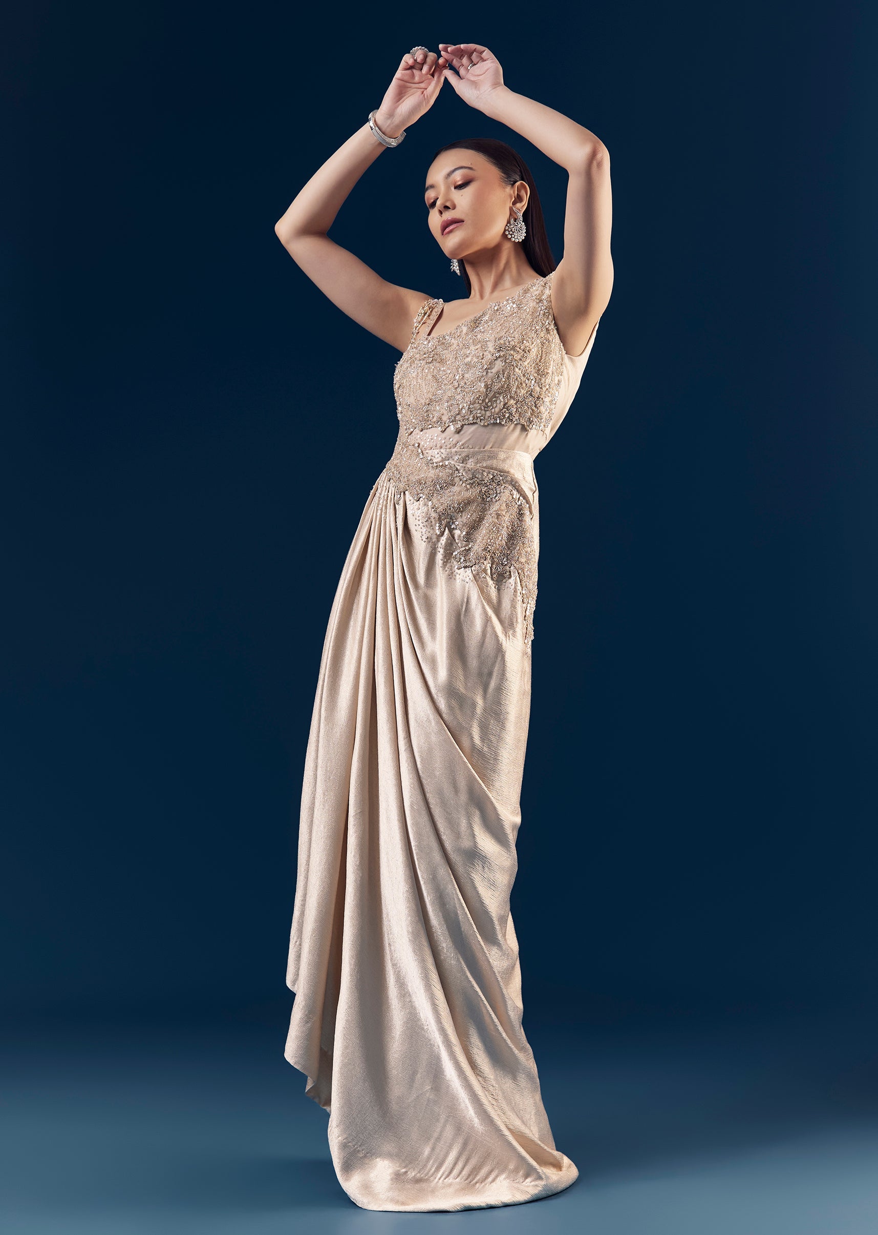 embellished beige dress Beige Embellished Satin Draped Gown