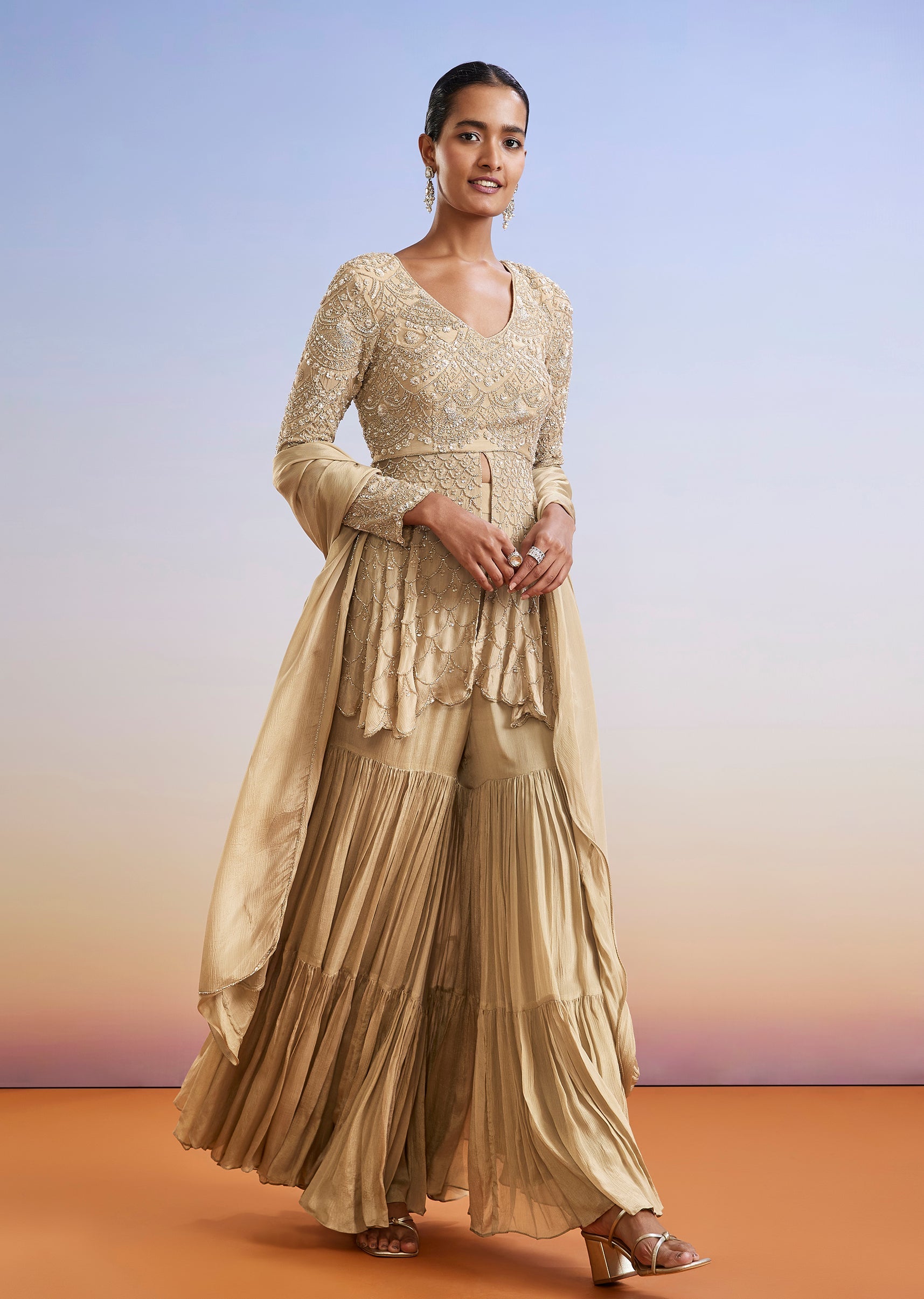 Buy Beige Embroidered Chinon Peplum Sharara Suit With Dupatta