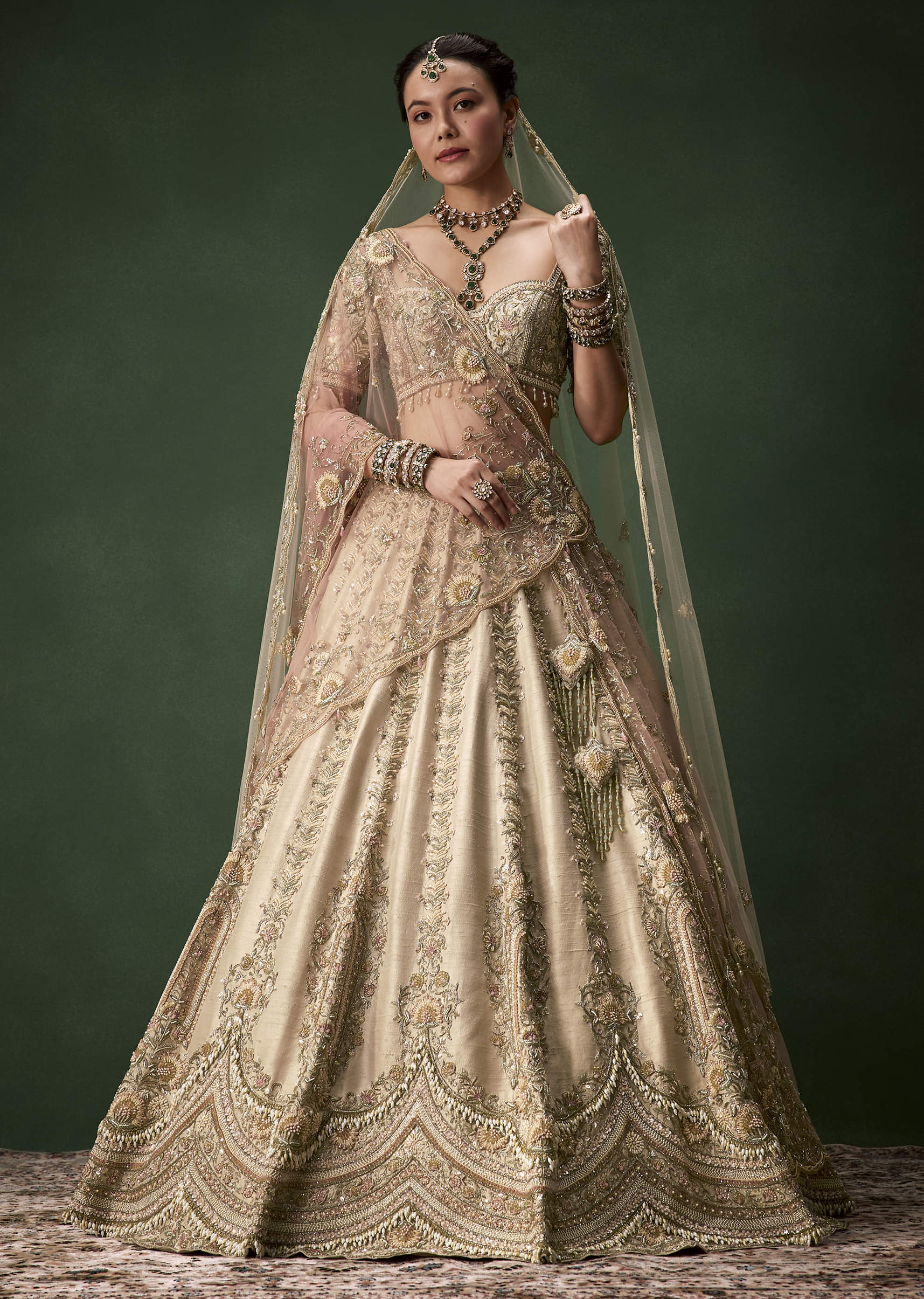 gold indian dress Beige Bridal Raw Silk Lehenga Set with Two Dupattas filter-colour-black Blue Floral Wrap Maxi It is paired up Size:7.5 US - 40.5 EU