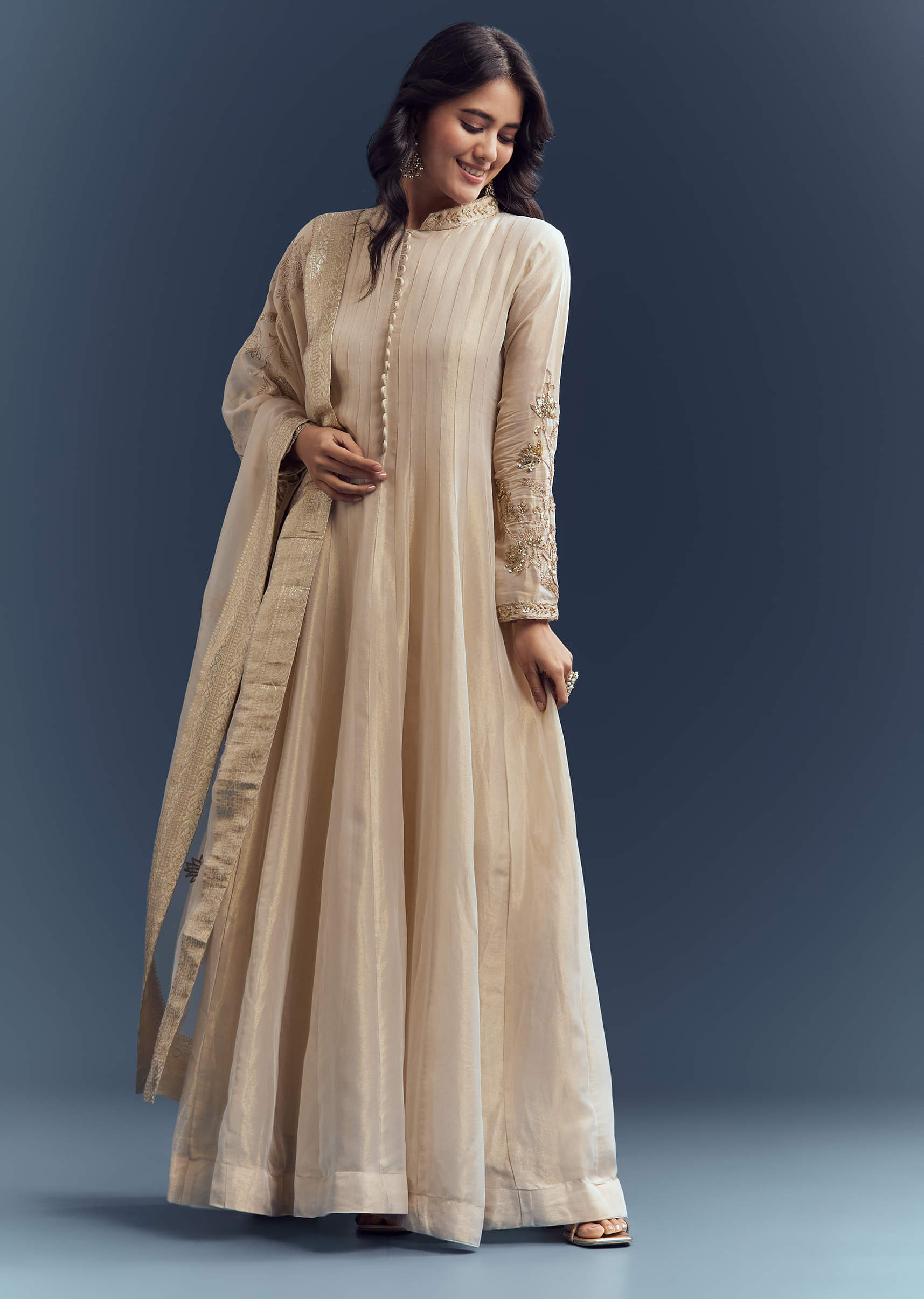 Beige Tissue Anarkali Suit With Delicate Zari Embroidery Beige Tissue Anarkali Suit With Delicate Zari Embroidery