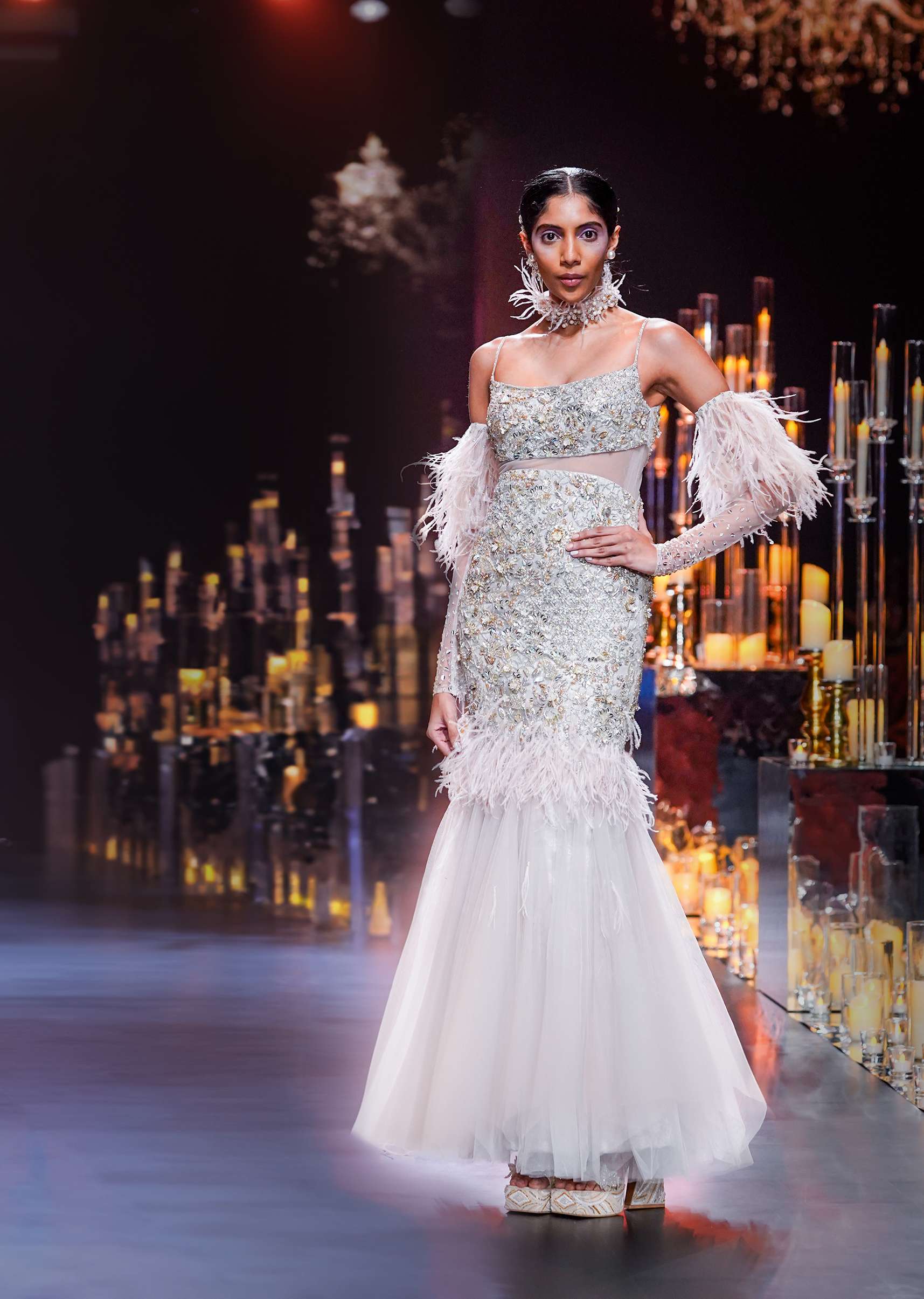 Buy Beige Fish-Cut Gown With 3D Feathers And Floral Motif Embroidery| KALKI  Fashion USA