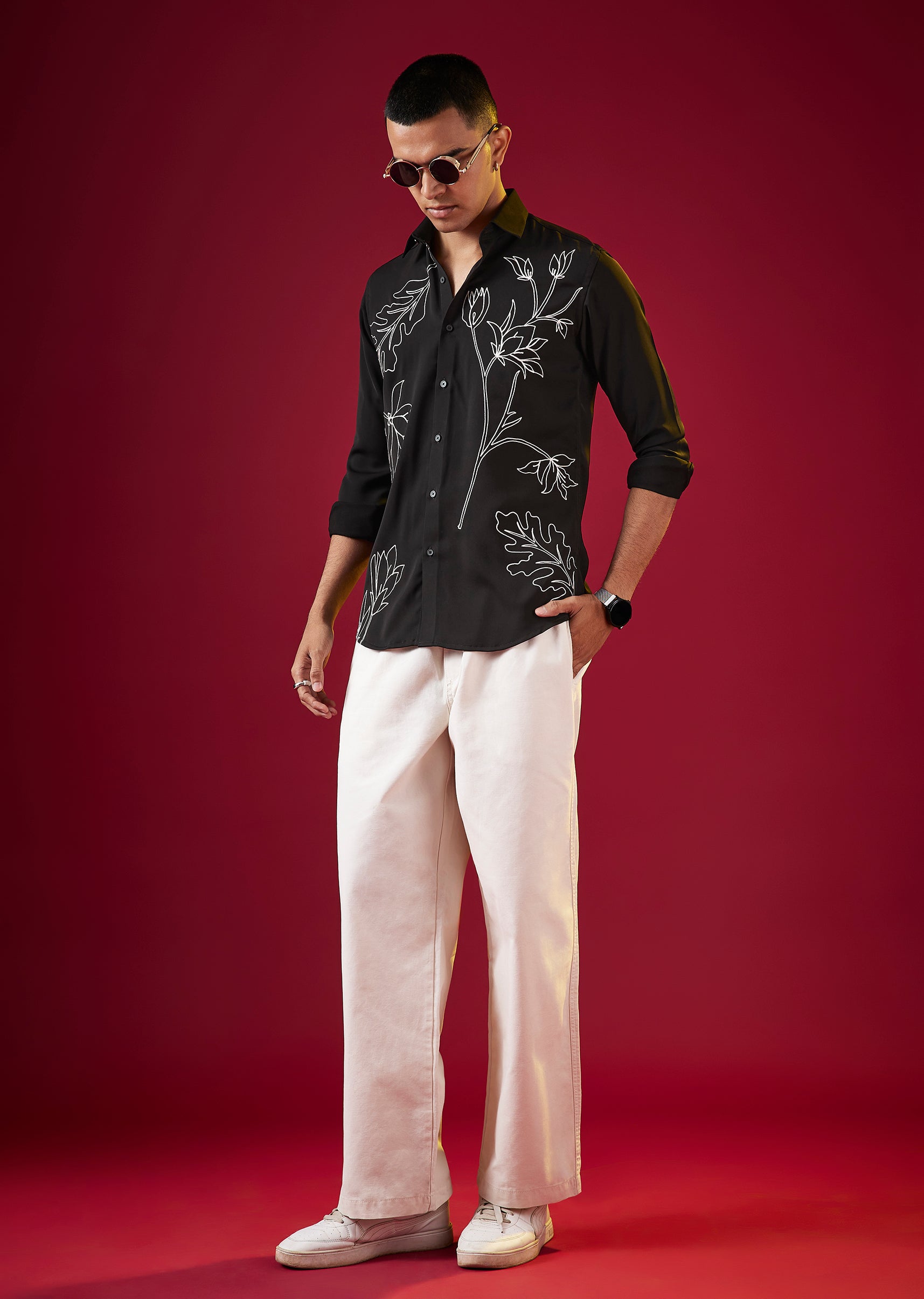 Buy Black Applique Embroidered Floral Mens Shirt