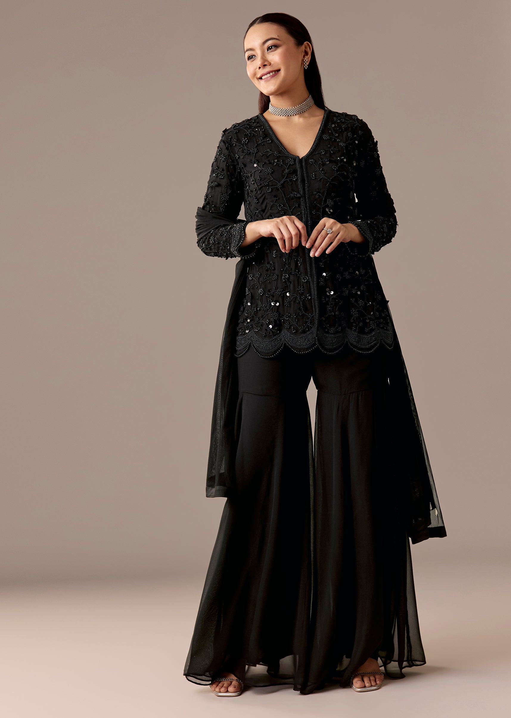 Buy Black Beaded Peplum Sharara Set | KALKI Fashion USA| KALKI