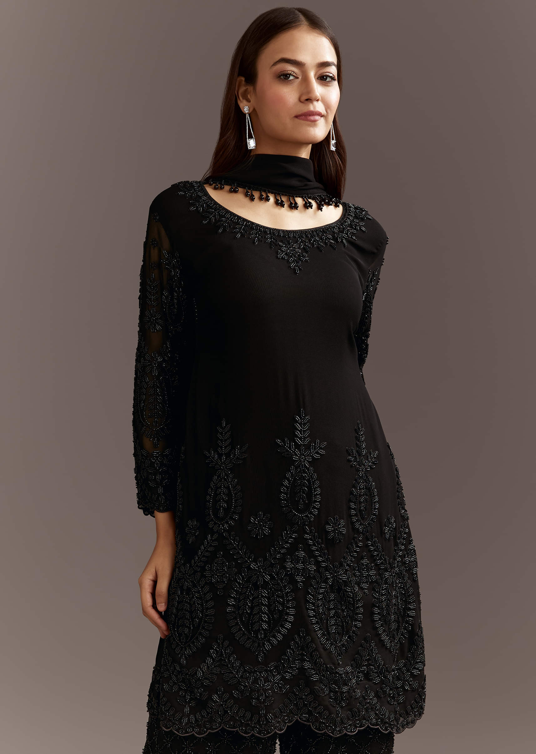 Buy Black Beads Work Georgette Kurta With Fully Beaded Pant