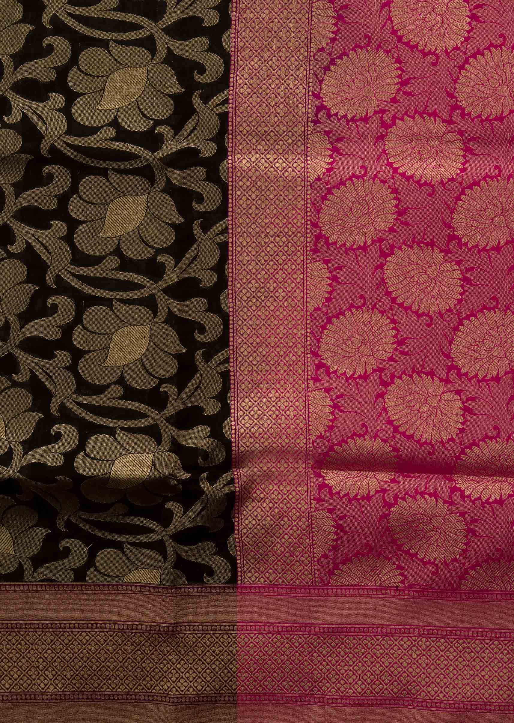 Black saree in jaal weave with contrast pink brocade pallav