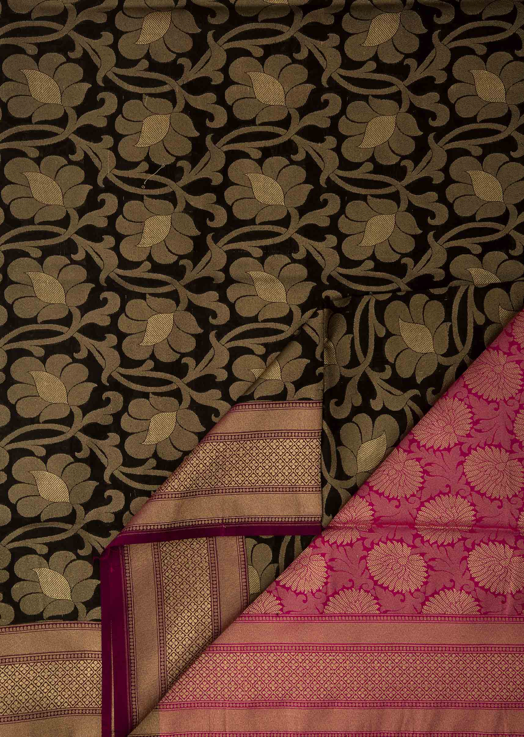 Black saree in jaal weave with contrast pink brocade pallav