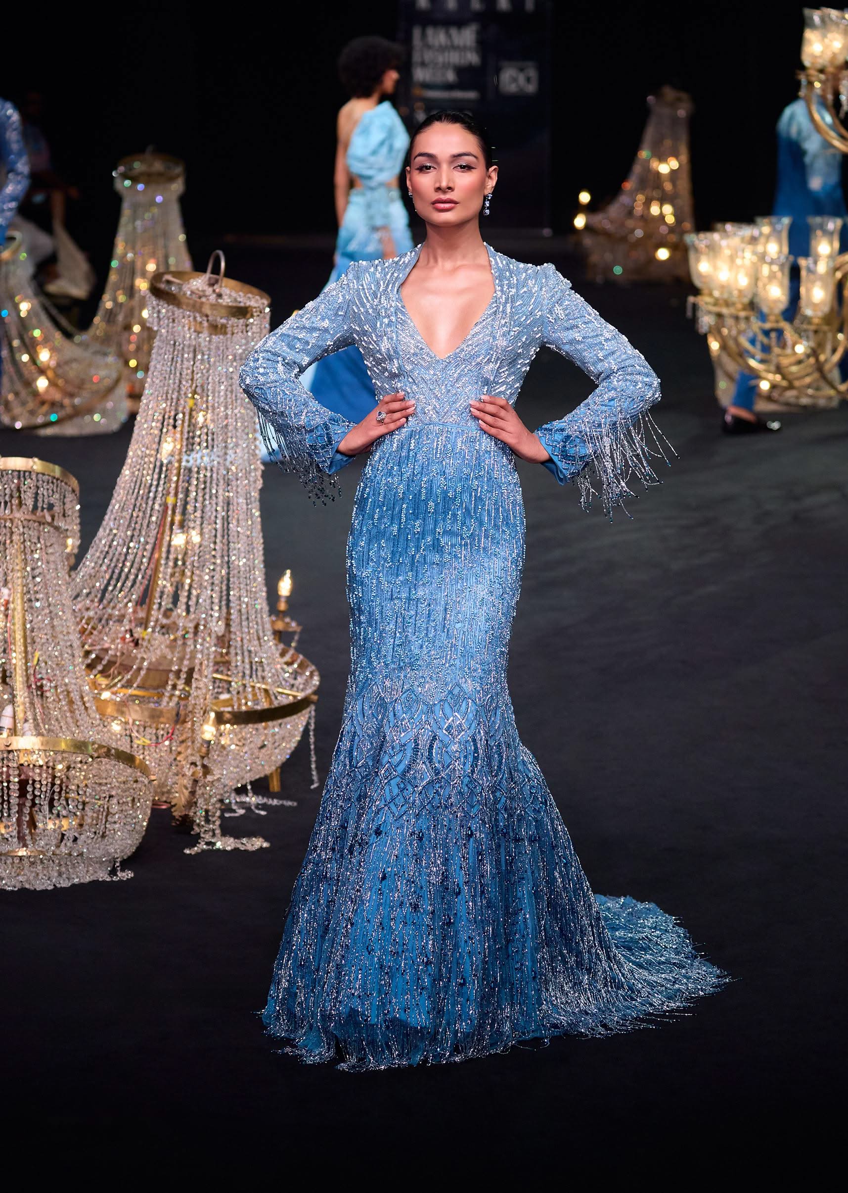 Buy Blue Fish Cut Ombre Trail Embroidered Gown| KALKI Fashion USA
