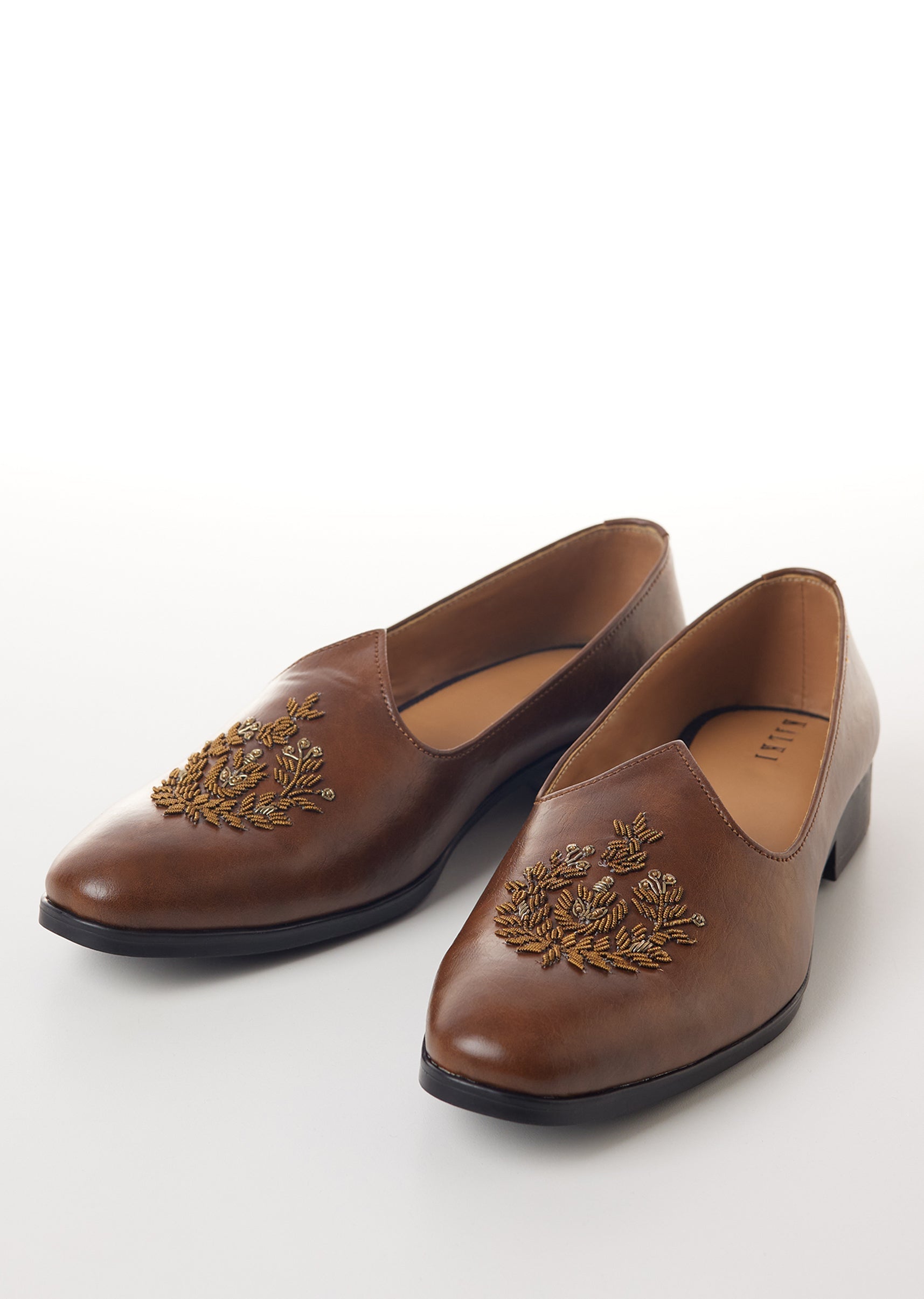 Brown Faux Leather Mens Loafers with Gold Thread Embroidery