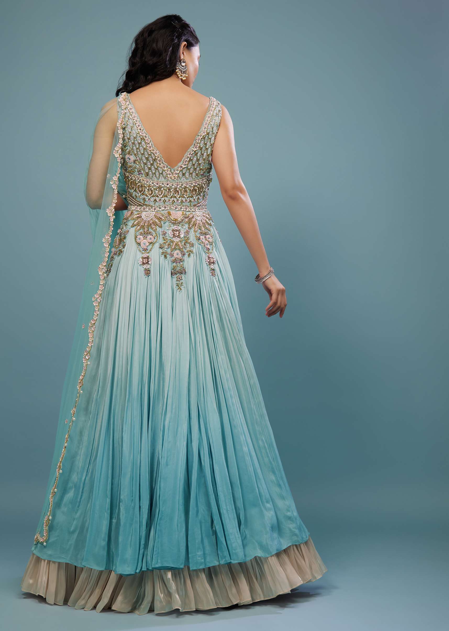 Buy Mint Blue Embroidered Anarkali Suit In Crepe| KALKI Fashion USA