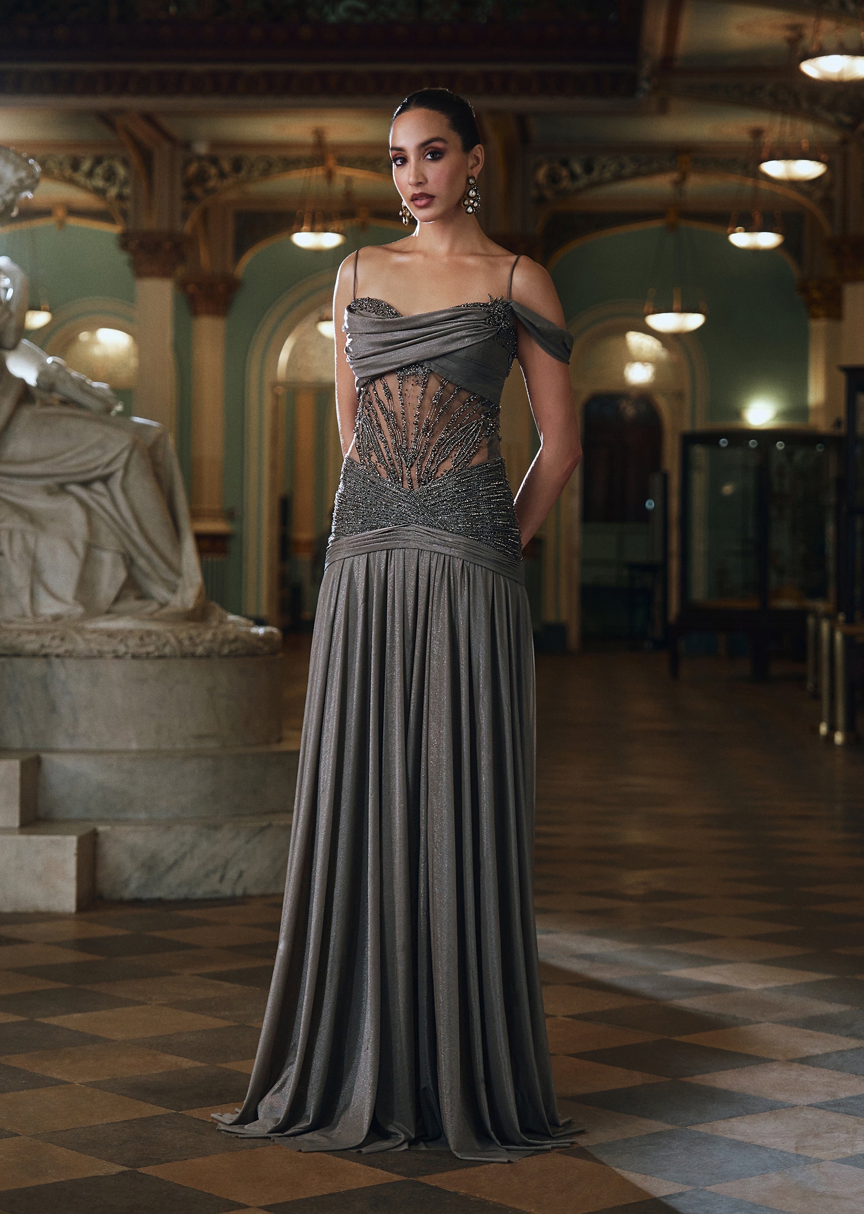 Buy Charcoal Grey Hand Embellished Bridal Draped Gown