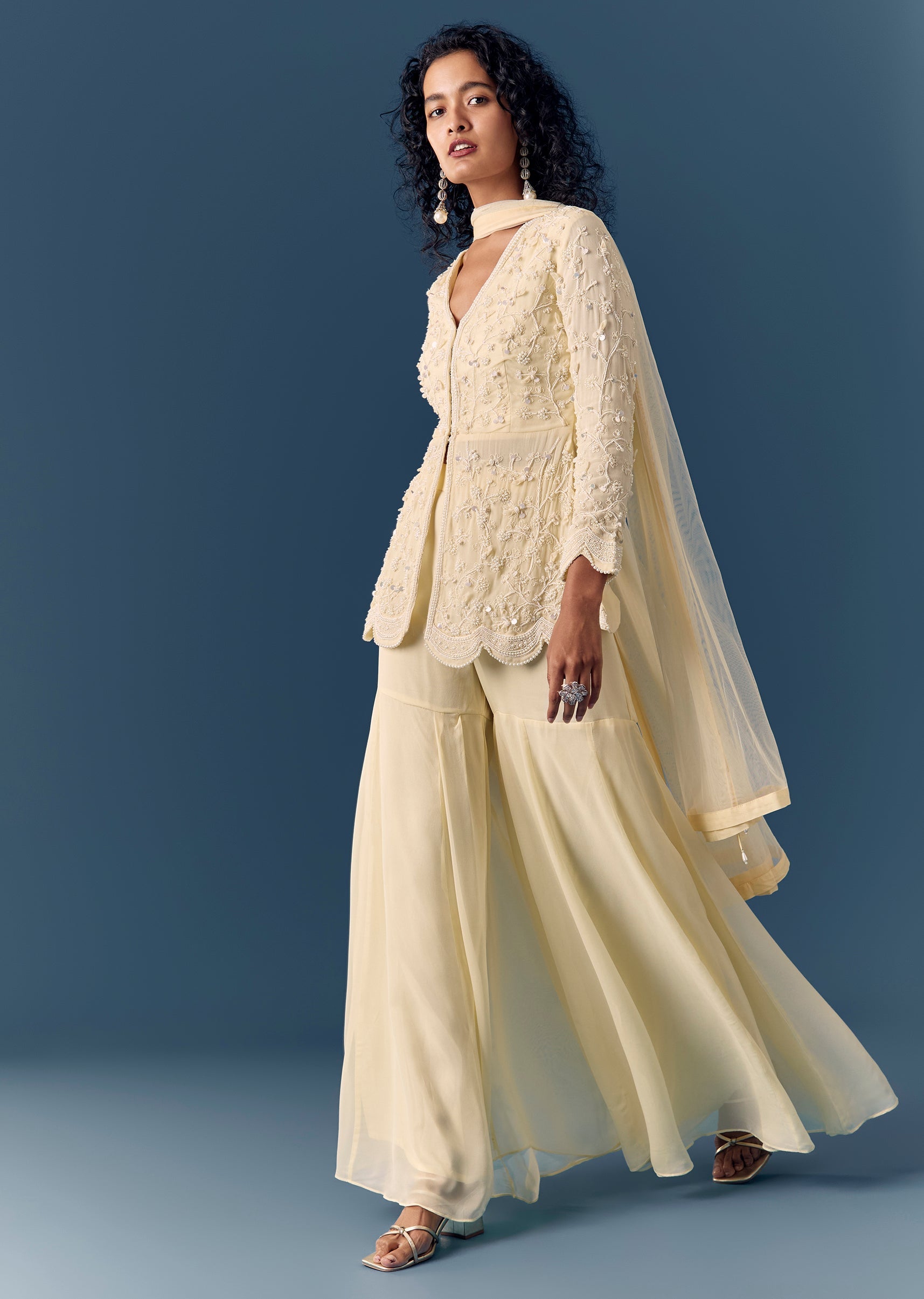 【kura】et.UNiVER Sheer Peplum Overlay Buy Cream Beaded Peplum Kurta Sharara Set With Dupatta | KALKI