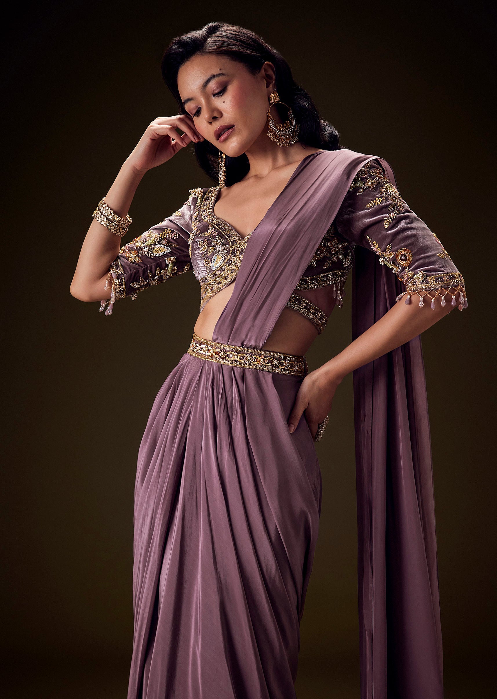 Dahlia Purple Ready to Wear Saree with Hand Embroided Belt Hand Velvet Blouse