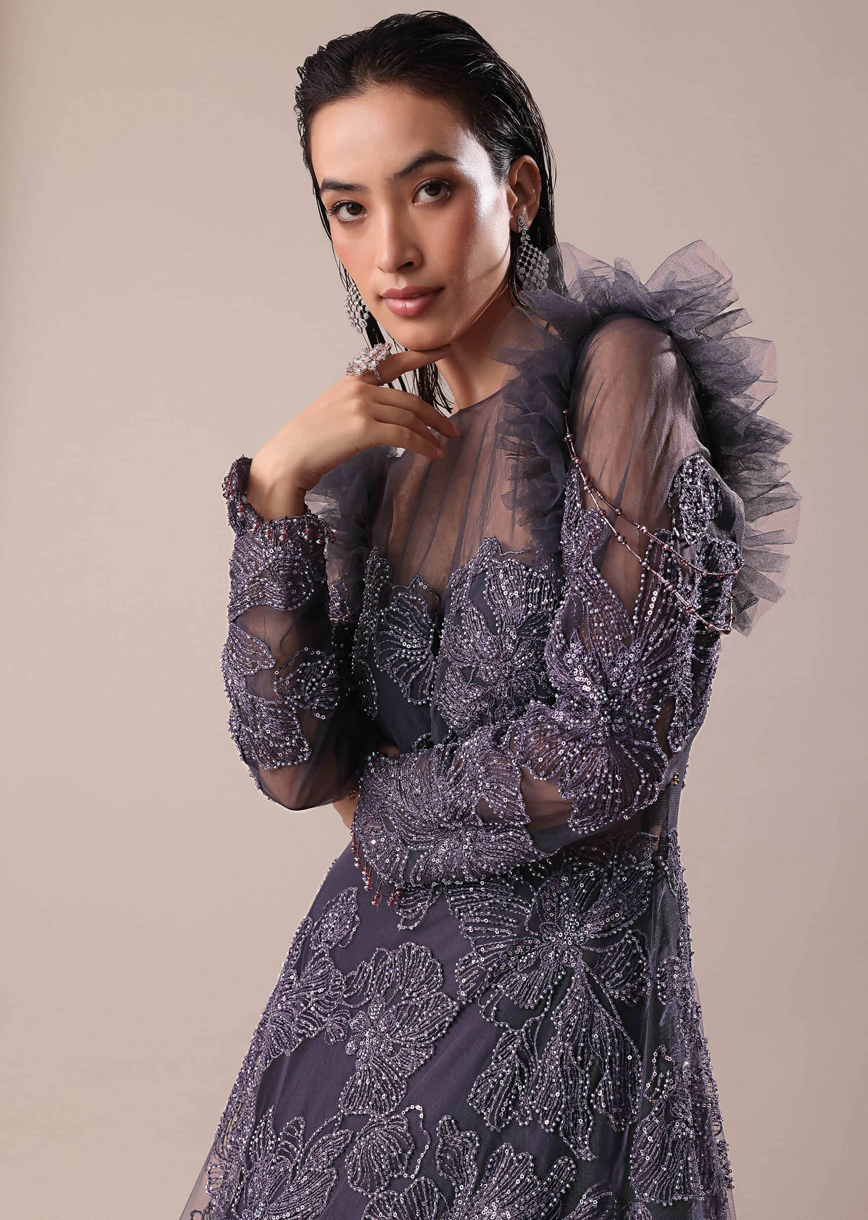 dark purple fancy dress Medieval Gothic Purple Off-Shoulder Purple corset prom dress with Long Sleeves, Black Lace Applique, Pleats, and Ruched Detailing