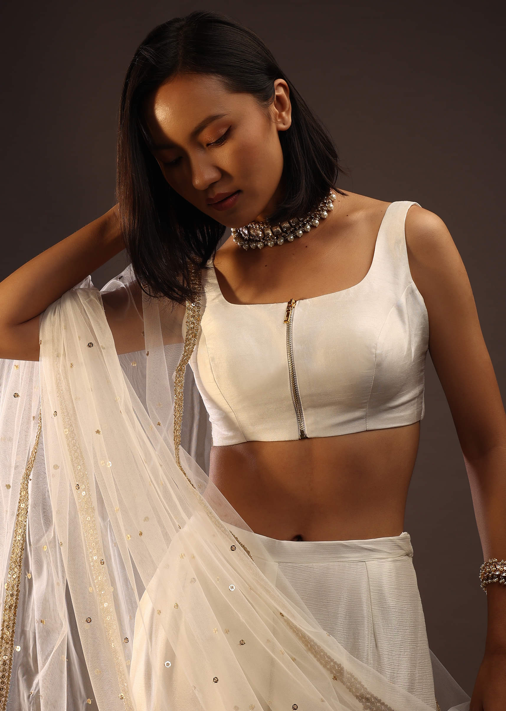 Buy Egret White Sleeveless Blouse With A Scoop Neckline| KALKI 