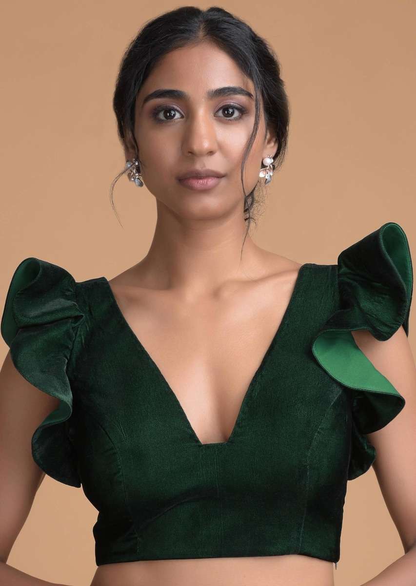 Buy Forest Green Blouse In Velvet With Trapeze Neck And Ruffle
