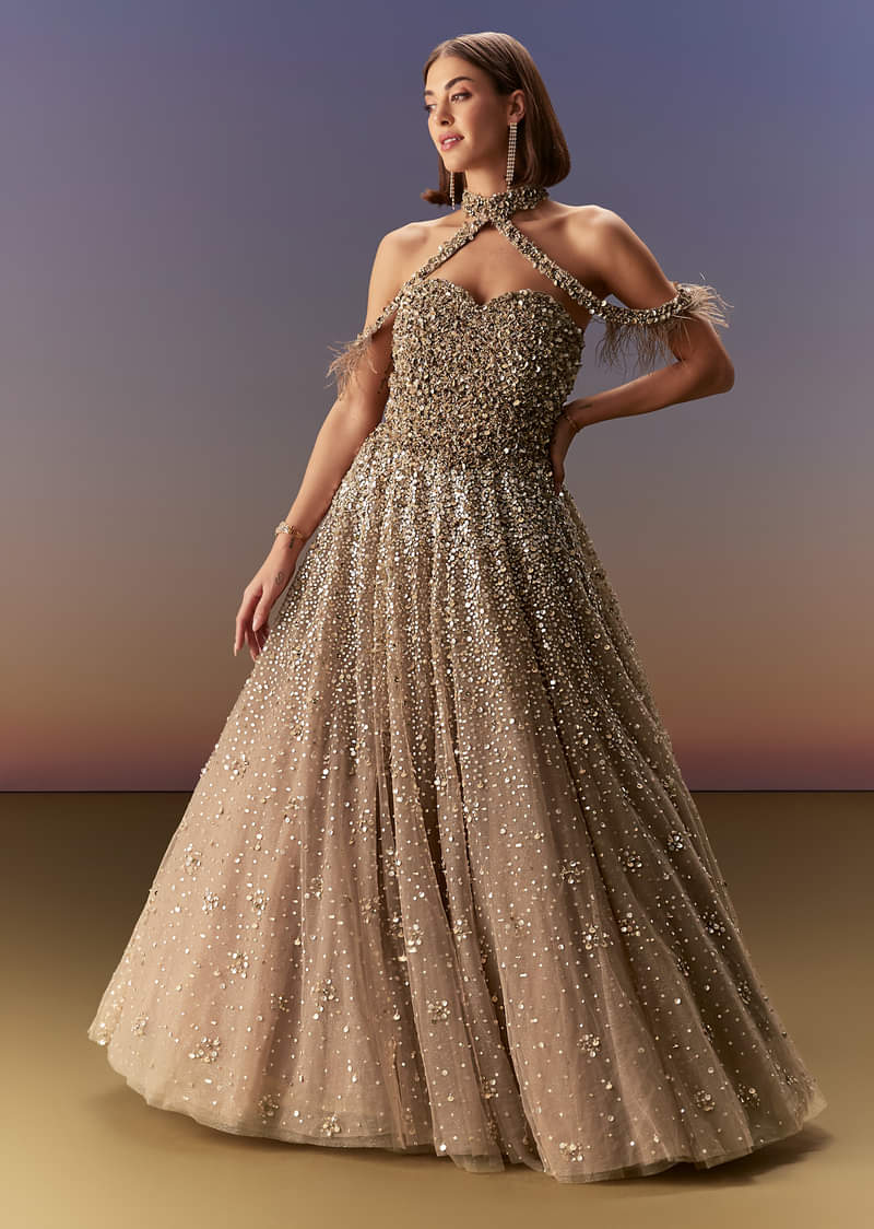 gold halter neck maxi dress Gown With Cut Out Back And Embellished Bodice Formal dress