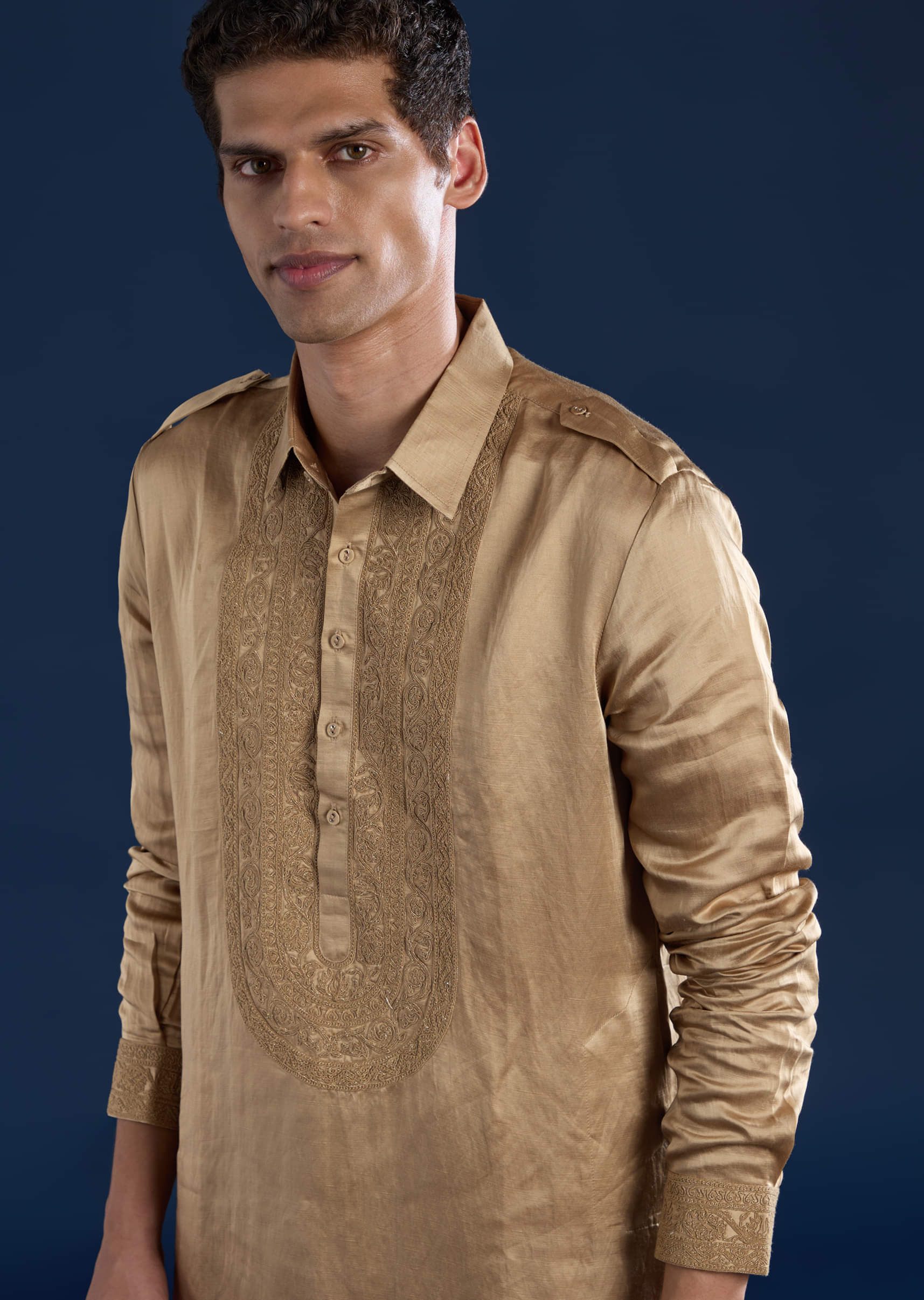 gold dress men Linen Satin Embroidered Mens Kurta and Pant Set and milestone celebrations Size:Regular Women's Pearl Blue Linen john galliano