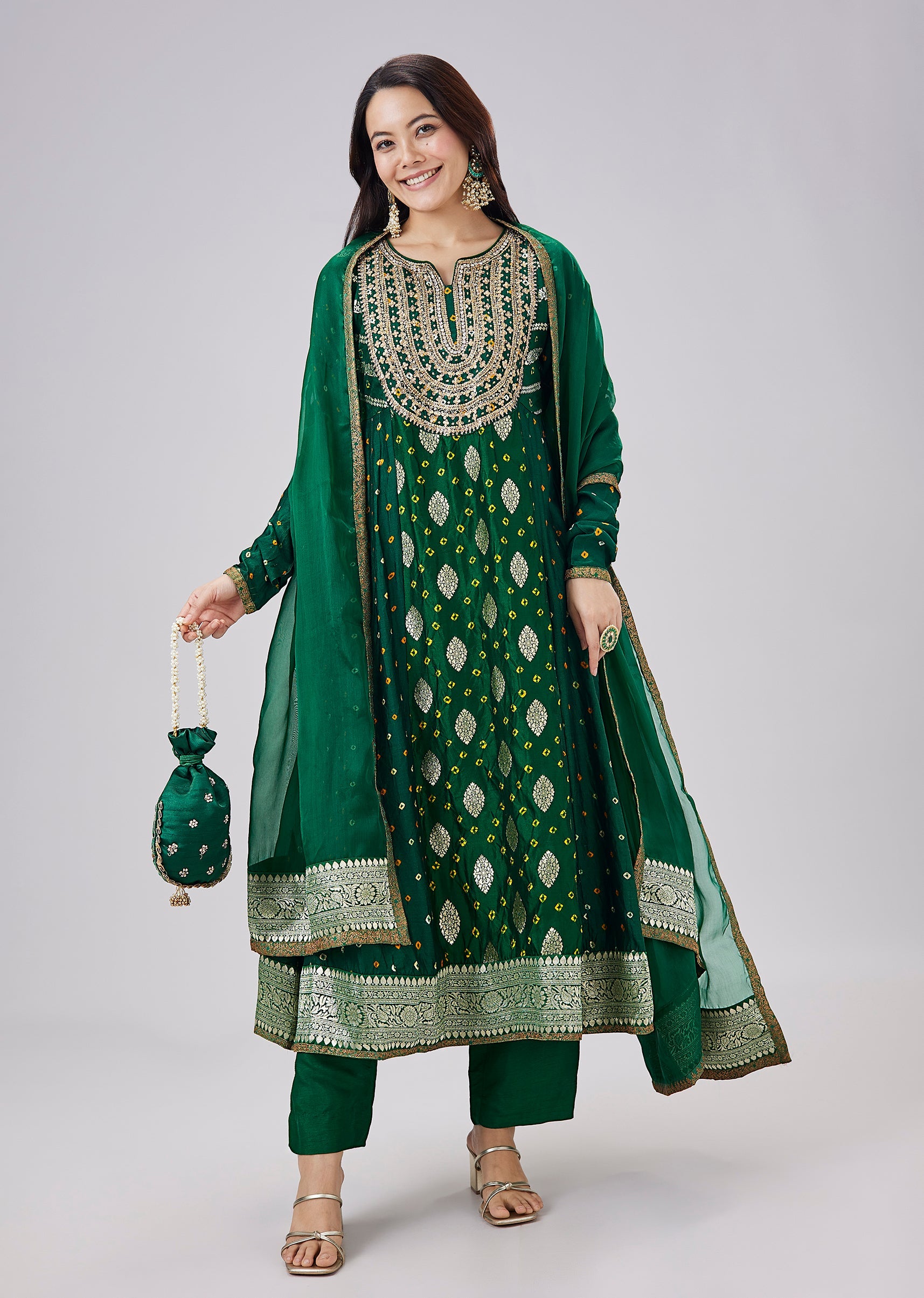 emerald green silk festive tiered anarkali dress Buy Biba Women Emerald Green Silk Festive Tiered Anarkali Dress_36 at Amazon.in