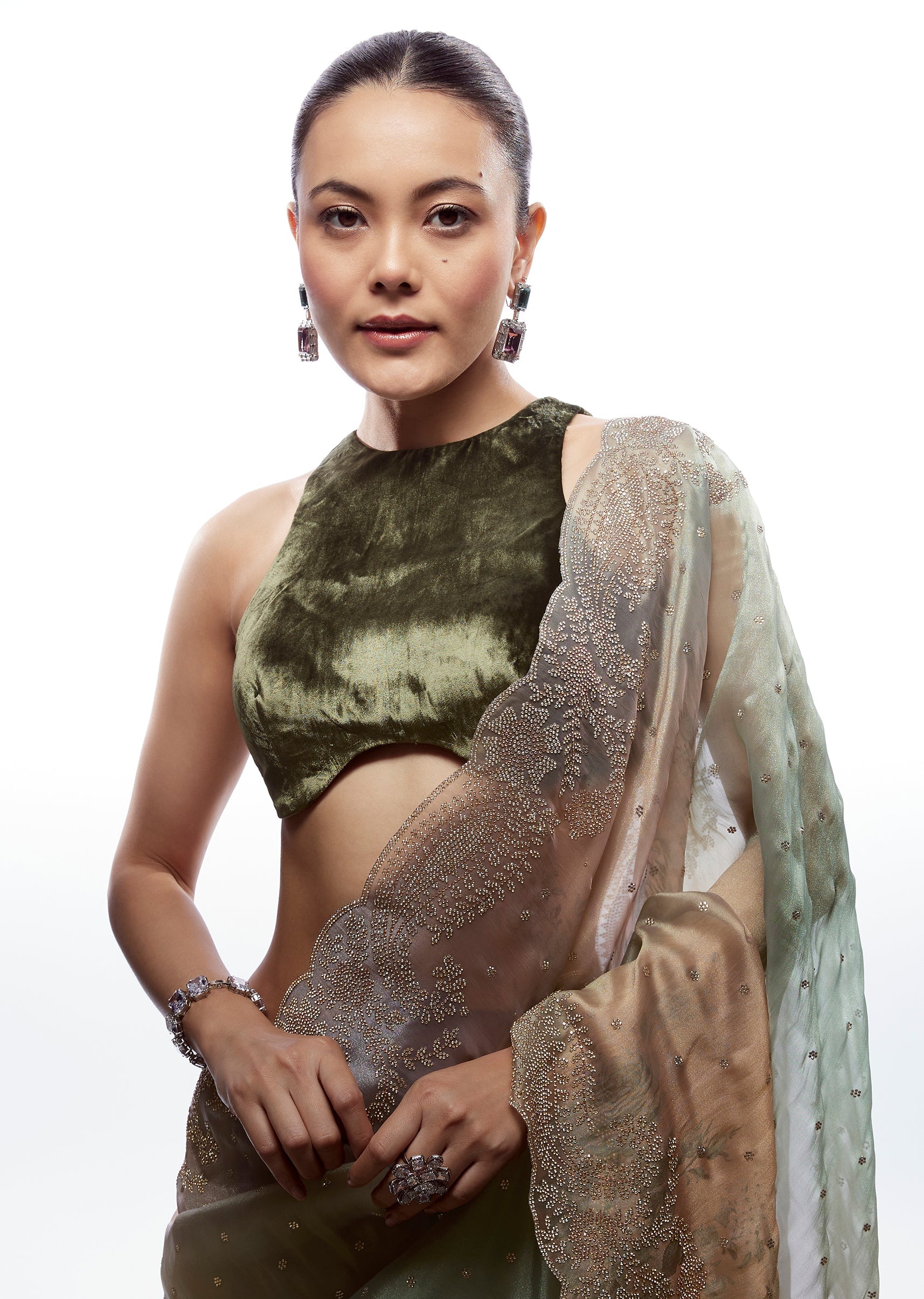 Buy Green Velvet High Neck Blouse Back Tassel | KALKI Fashion USA