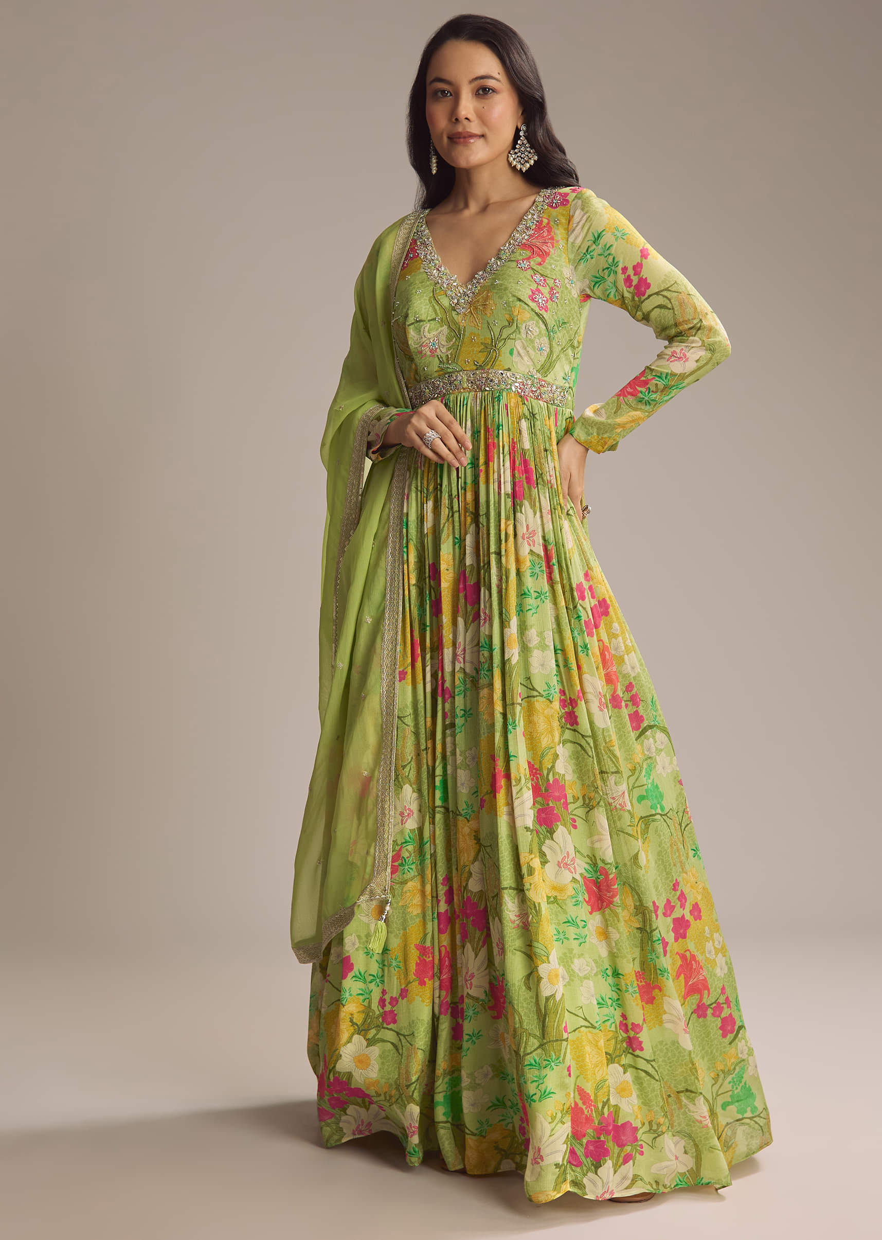 floral silk anarkali dress Blue Floral Maslin Silk Anarkali Suit - Set of 3