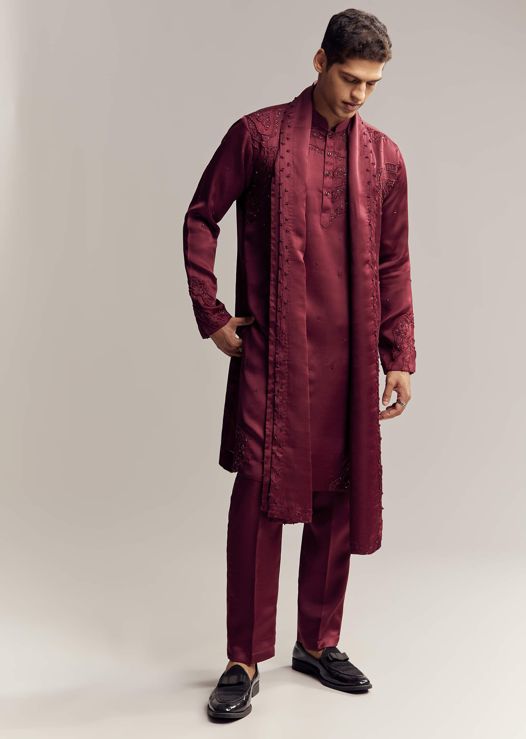 Buy Maroon Red Silk Hand Embroidered Kurta Set For Men| KALKI