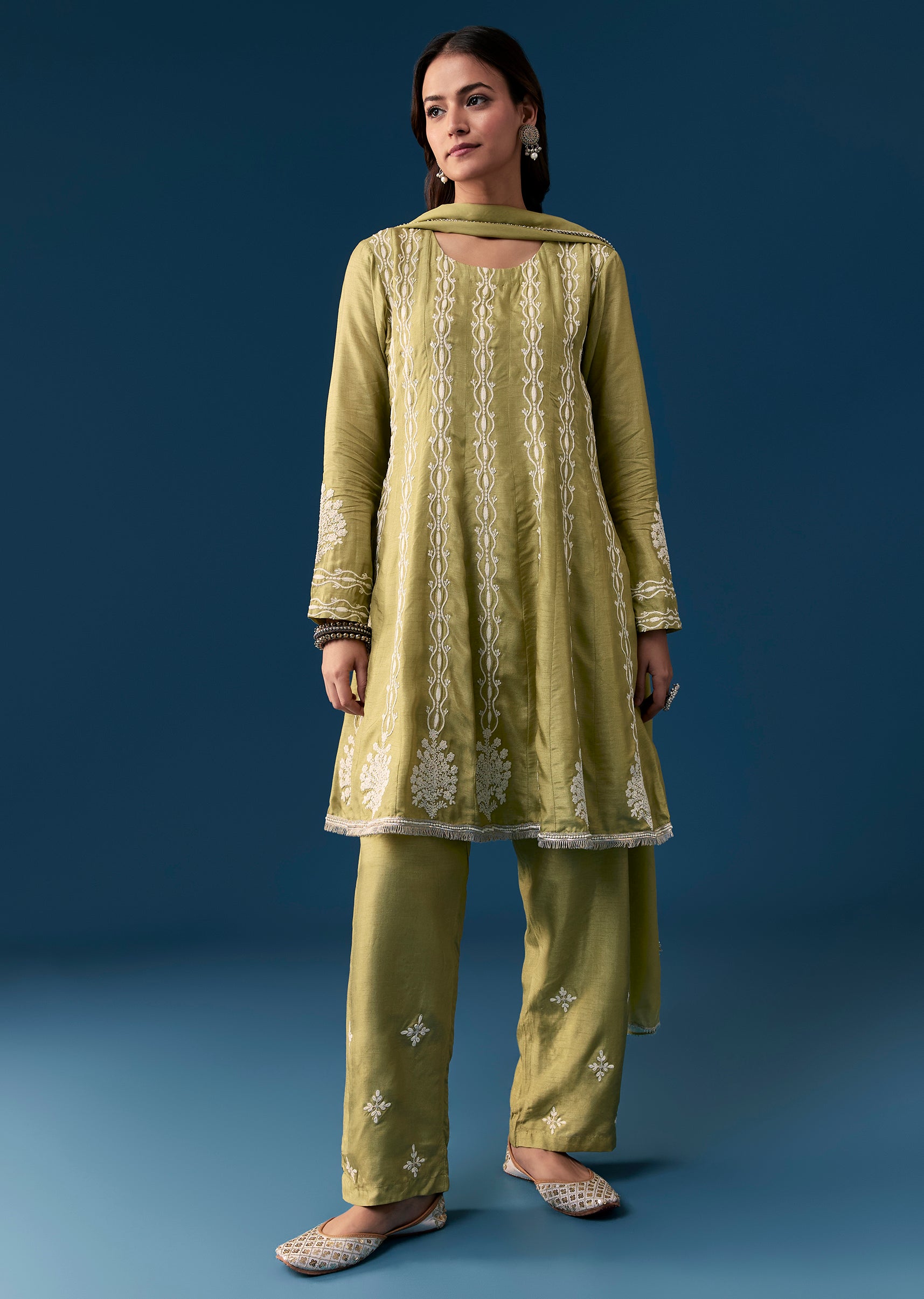 peplum pakistani dress Mehendi Green Pastel Pakistani Style Peplum Anarkali Suit With Thread Work