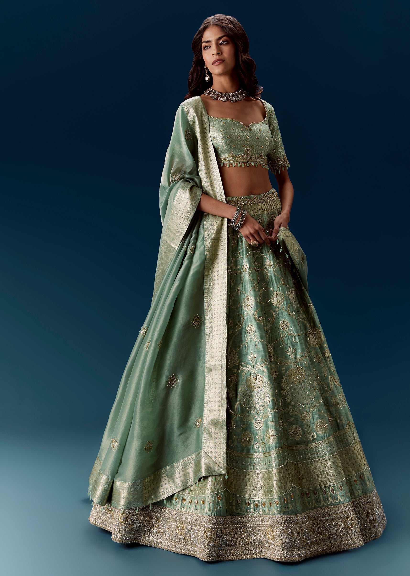 green dress art Embellished Green Blue Bridal Lehenga Choli for Indian Bridal Wear CUSTOM SIZE main image 1