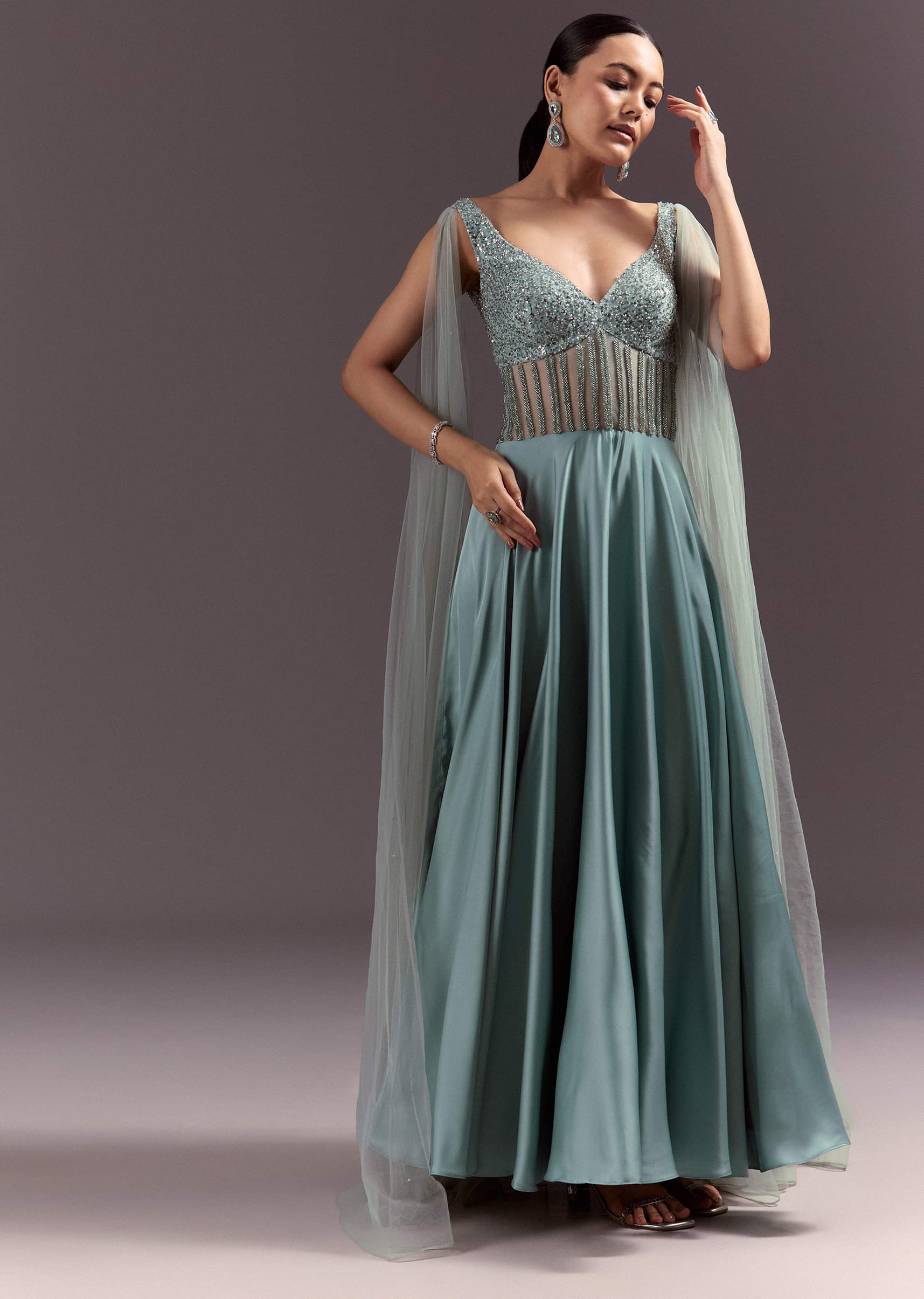 Mint Green Satin Gown With Corset Style Embroidered Bodice Mint Green Satin Gown With Corset Style Embroidered Bodice