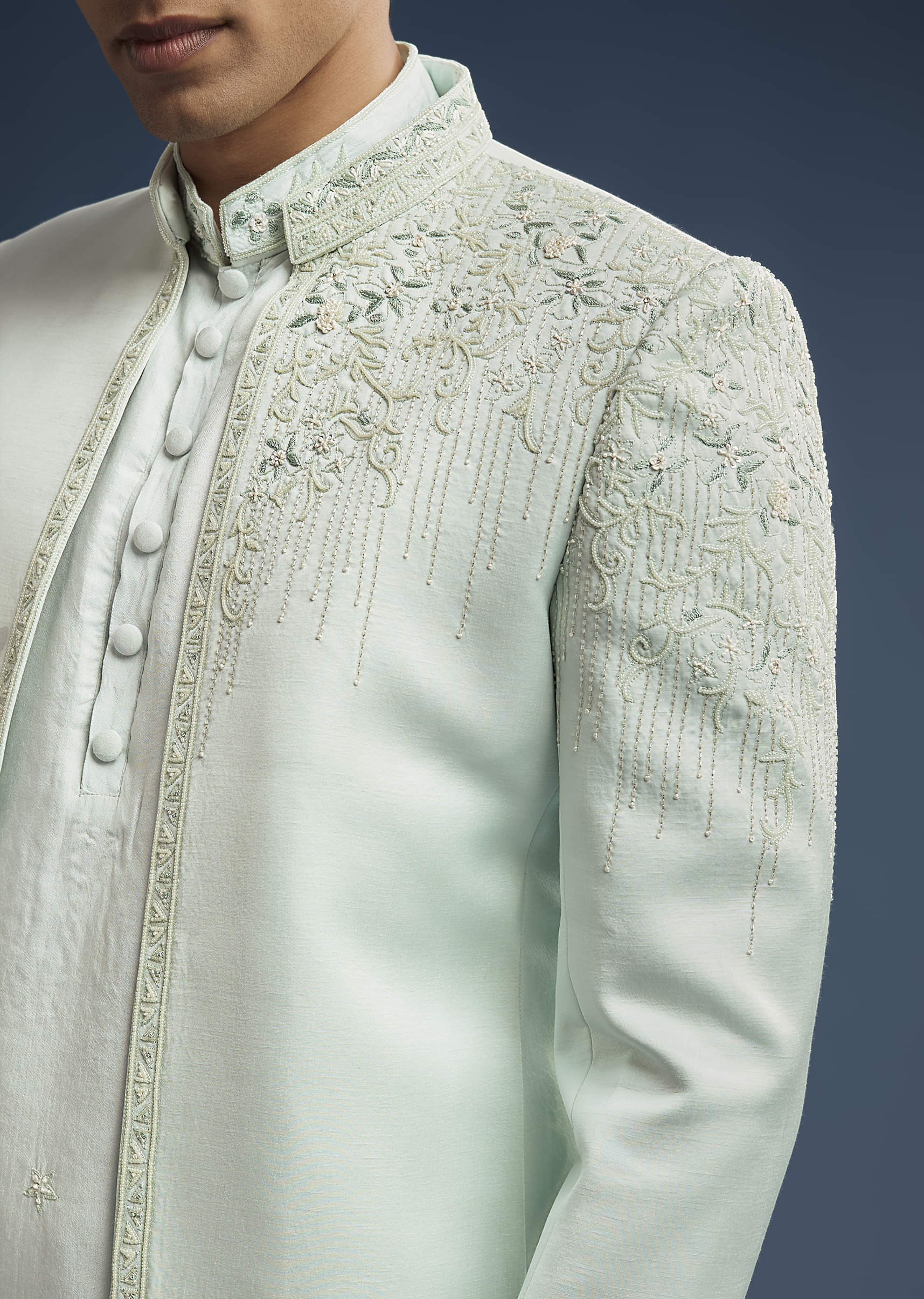 Buy Mint Green Silk Jodhpuri Suit For Men With Zardosi Embroidery| KALKI  Fashion USA