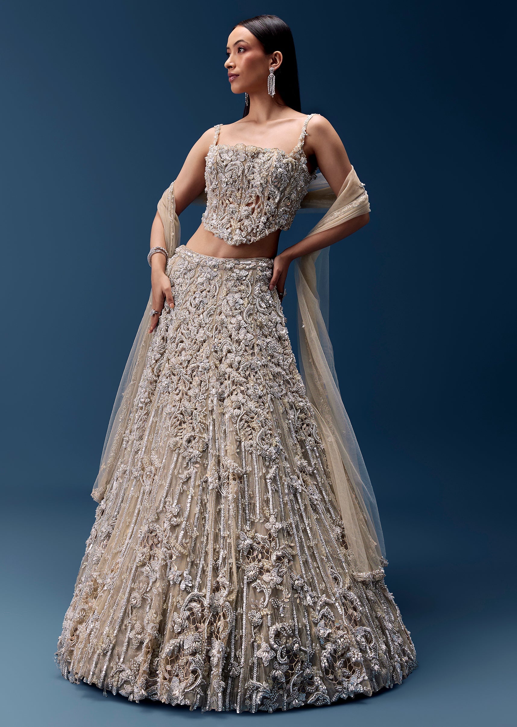 Off White Embellished Lehenga and Corset Blouse Set Off White Embellished Lehenga and Corset Blouse Set