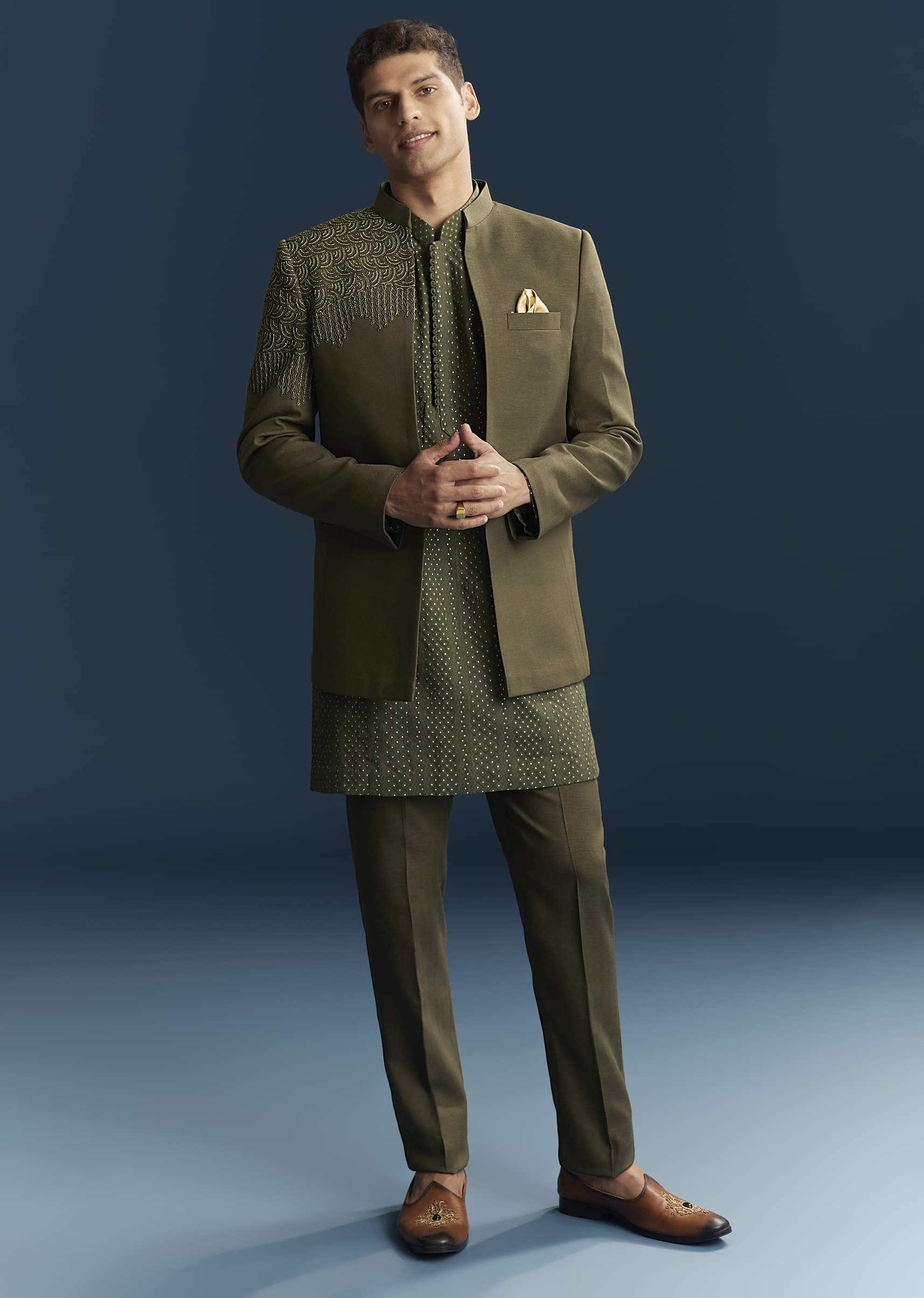 Olive Green Jodhpuri Suit for Men with Resham and Beads Embroidery