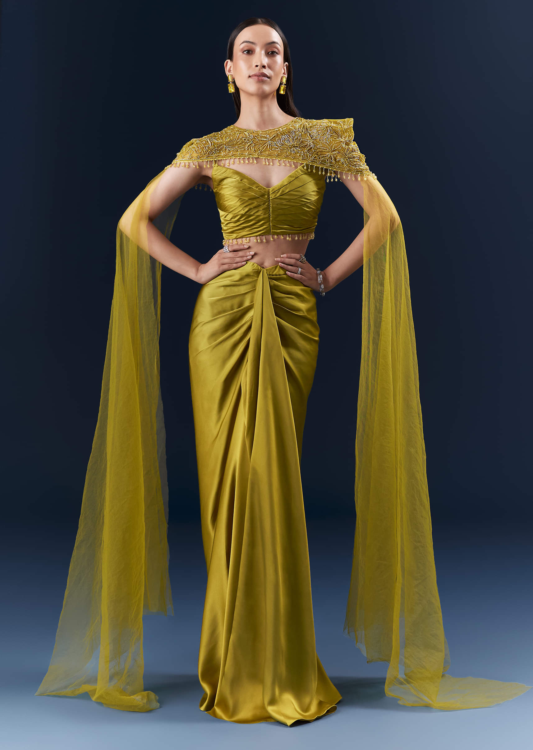 Buy Olive Green Satin Crop Top And Drape Skirt Set With Embroidery
