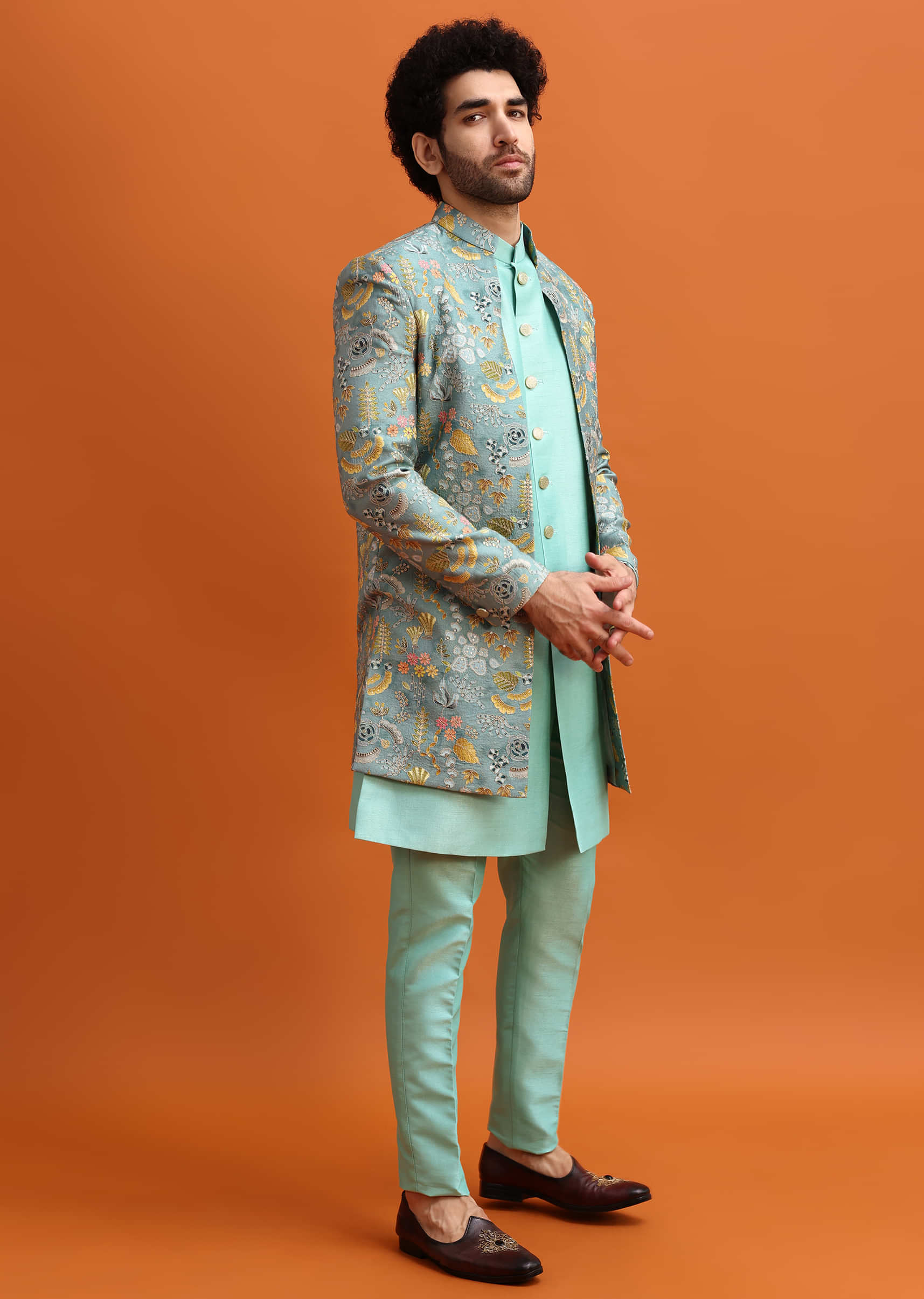 Olive green silk indowestern with resham work