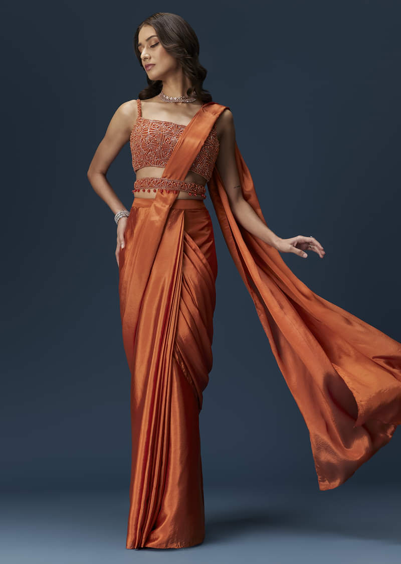 Orange Ready Pleated Saree with Square Neck Blouse