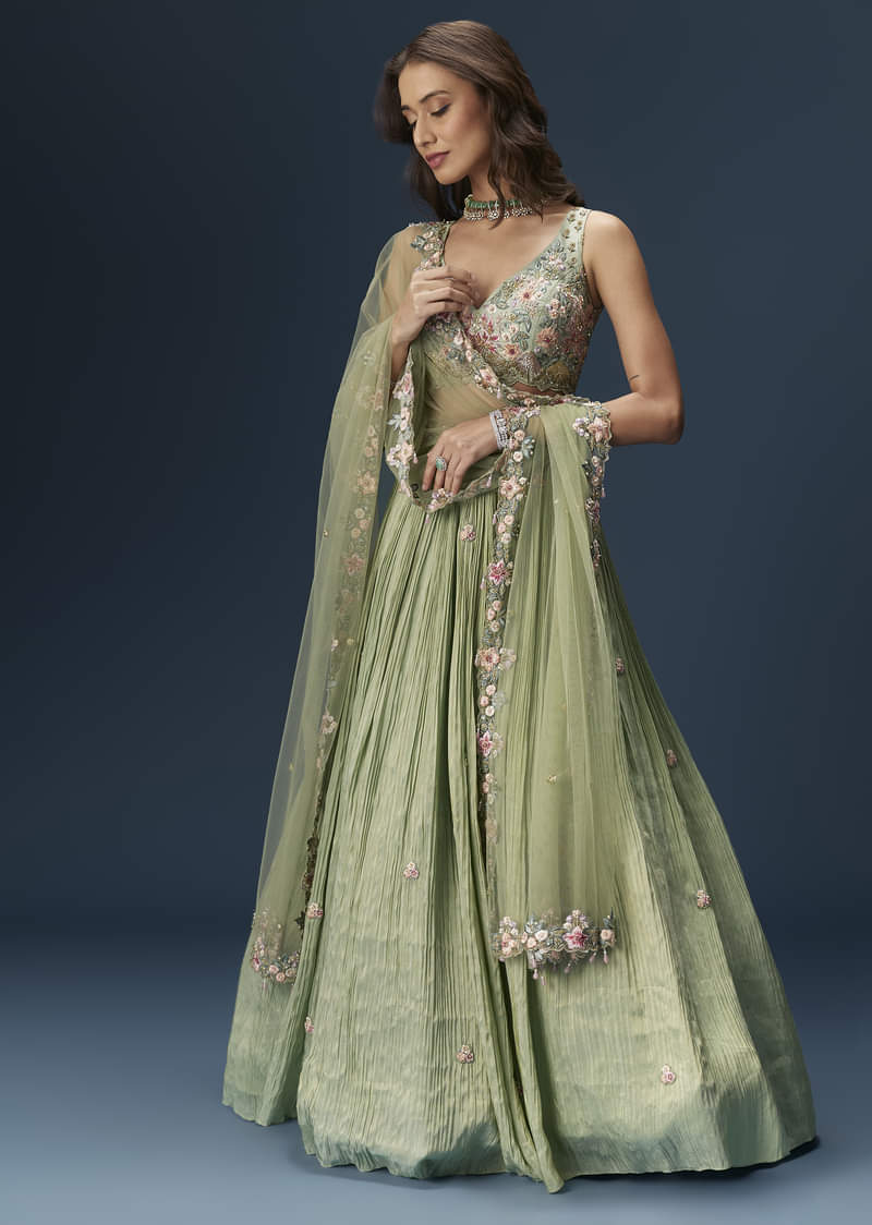 Pastel Green Bridesmaid Lehenga With Embroidered Dupatta Pastel Green Bridesmaid Lehenga With Embroidered Dupatta