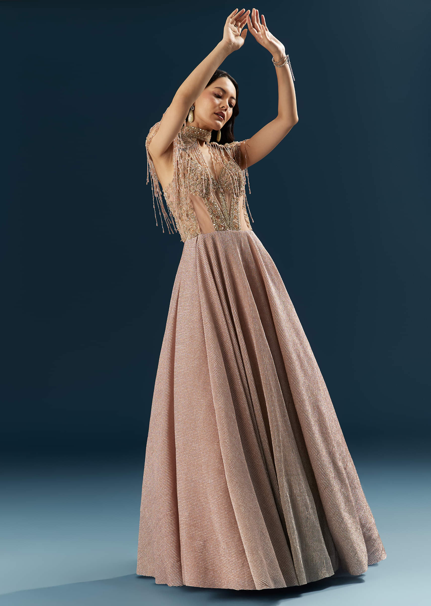Buy Peach Crepe Bridal Gown With Heavy Embroidery| KALKI Fashion USA