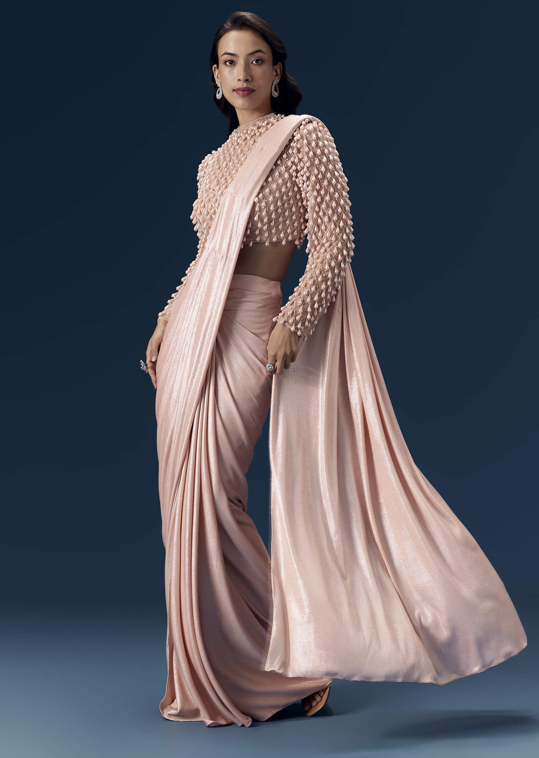 Buy Peach Ready Pleated Saree with Blouse | KALKI Fashion USA