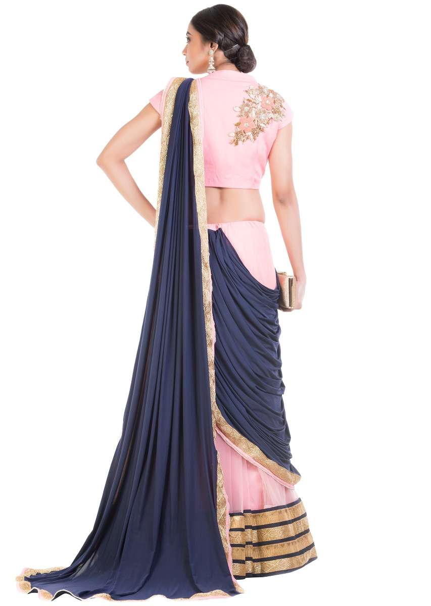 Pink And Blue Drape Lehenga With Attached Dupatta