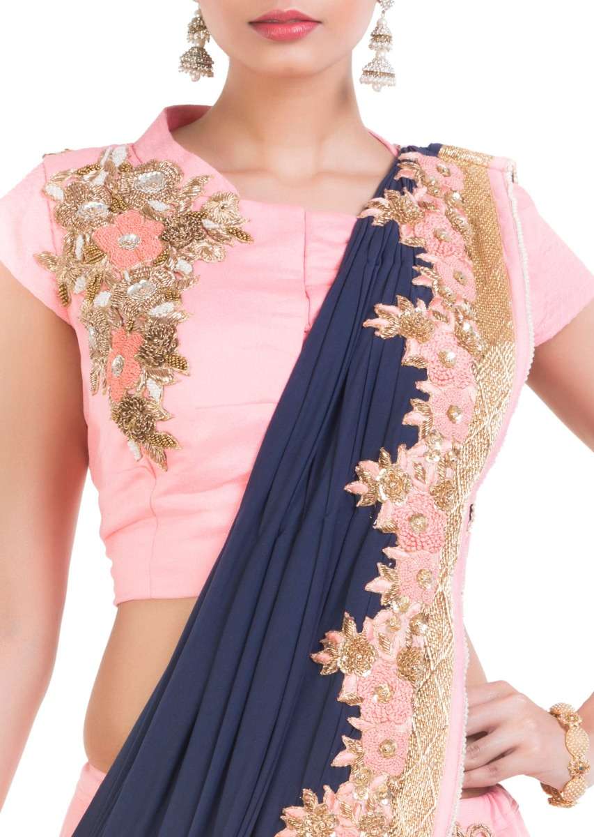 Pink And Blue Drape Lehenga With Attached Dupatta