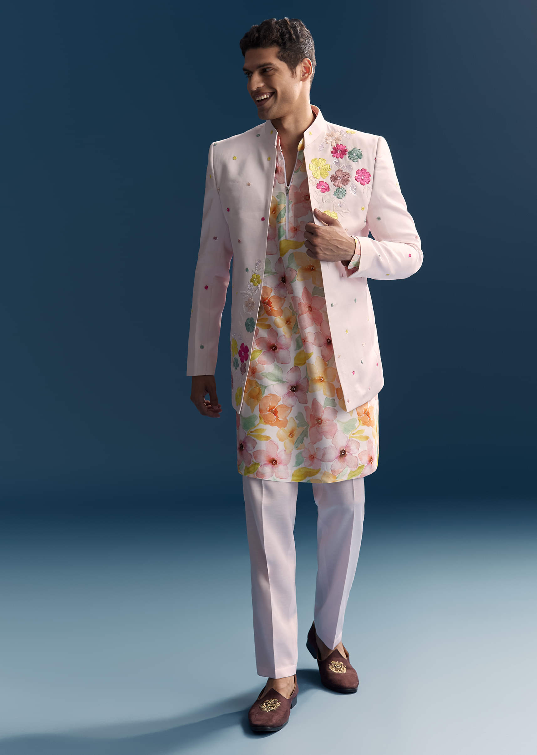 strapless open back dress Pink Jodhpuri Suit for Men with Floral Print and Embroidery