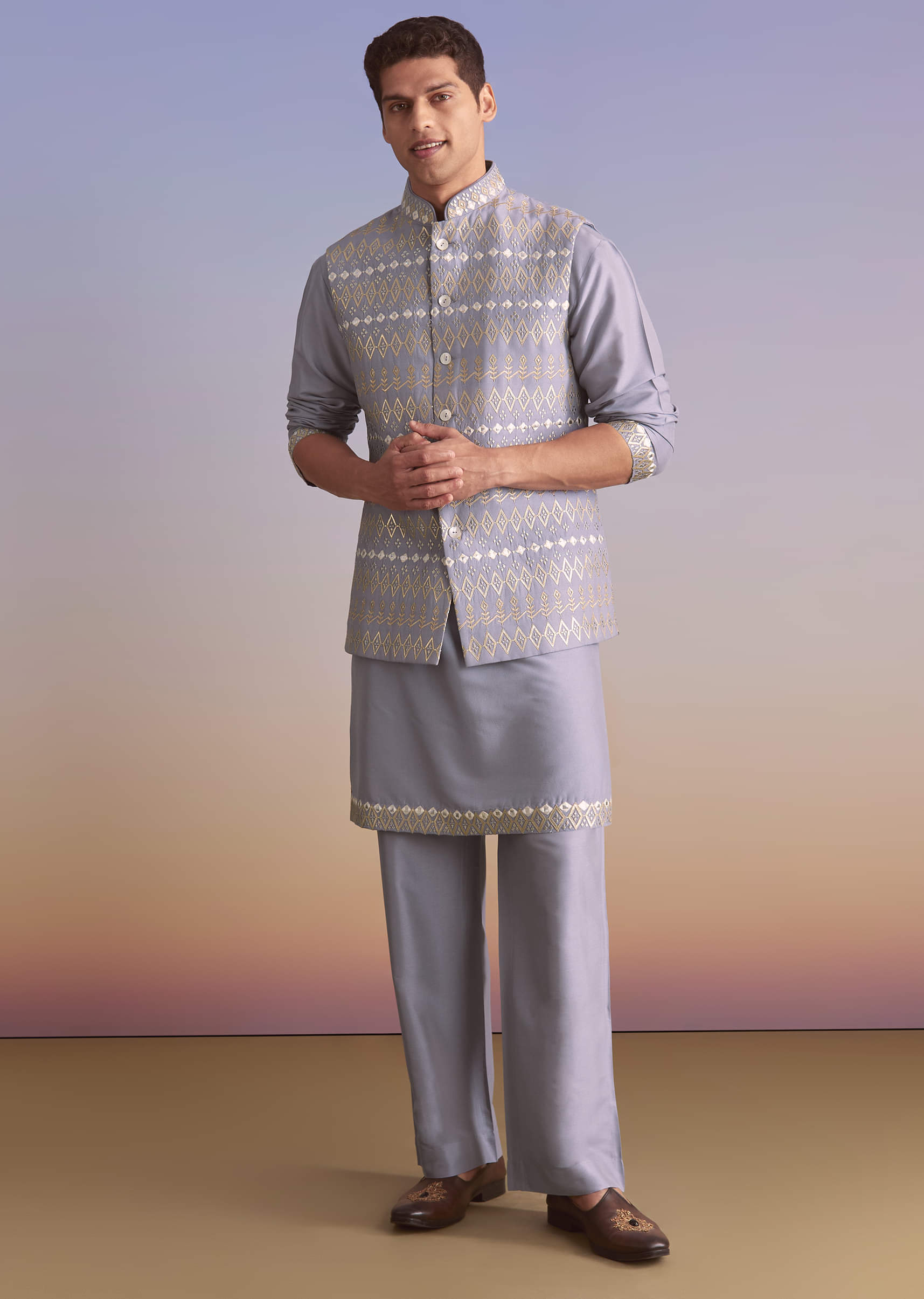 Purple Silk Kurta Jacket Set For Men With Mirror Zari And Resham Work