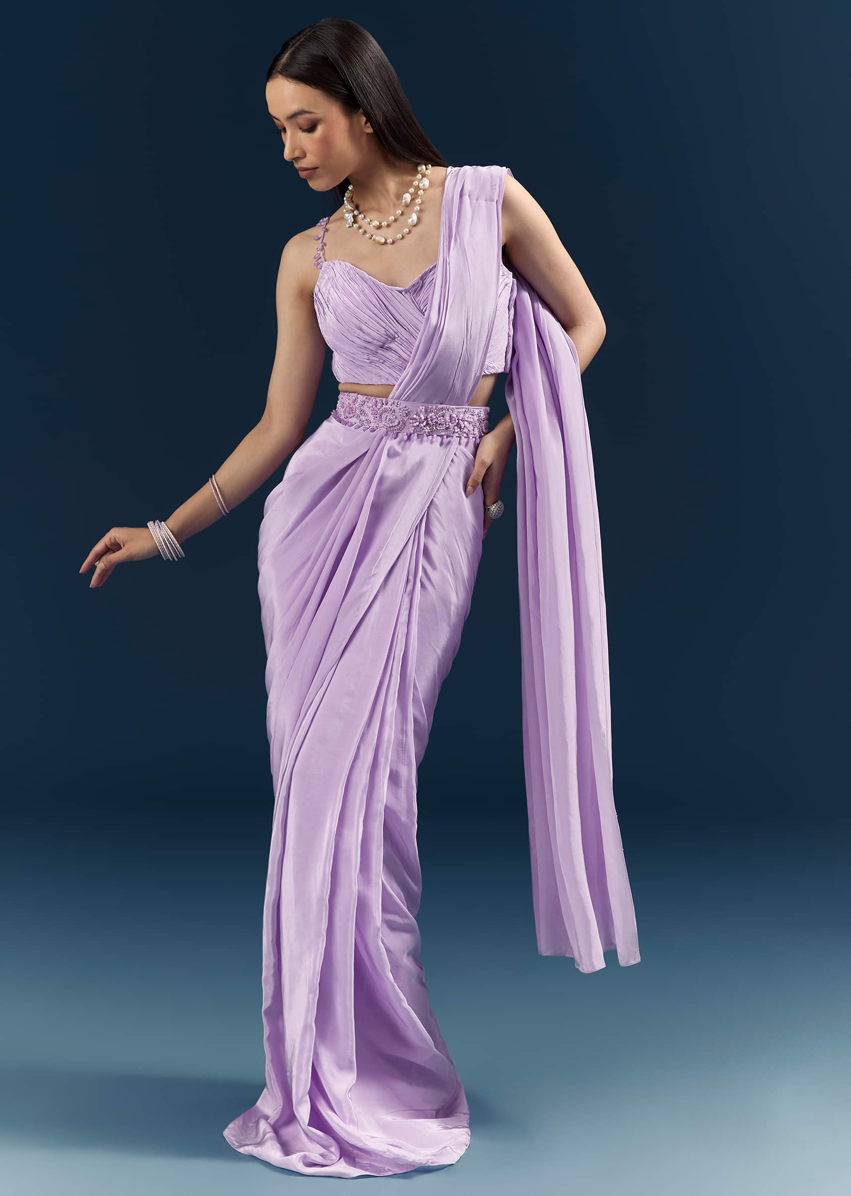 Purple Crepe Ready Pleated Saree with Heavy Embroidery