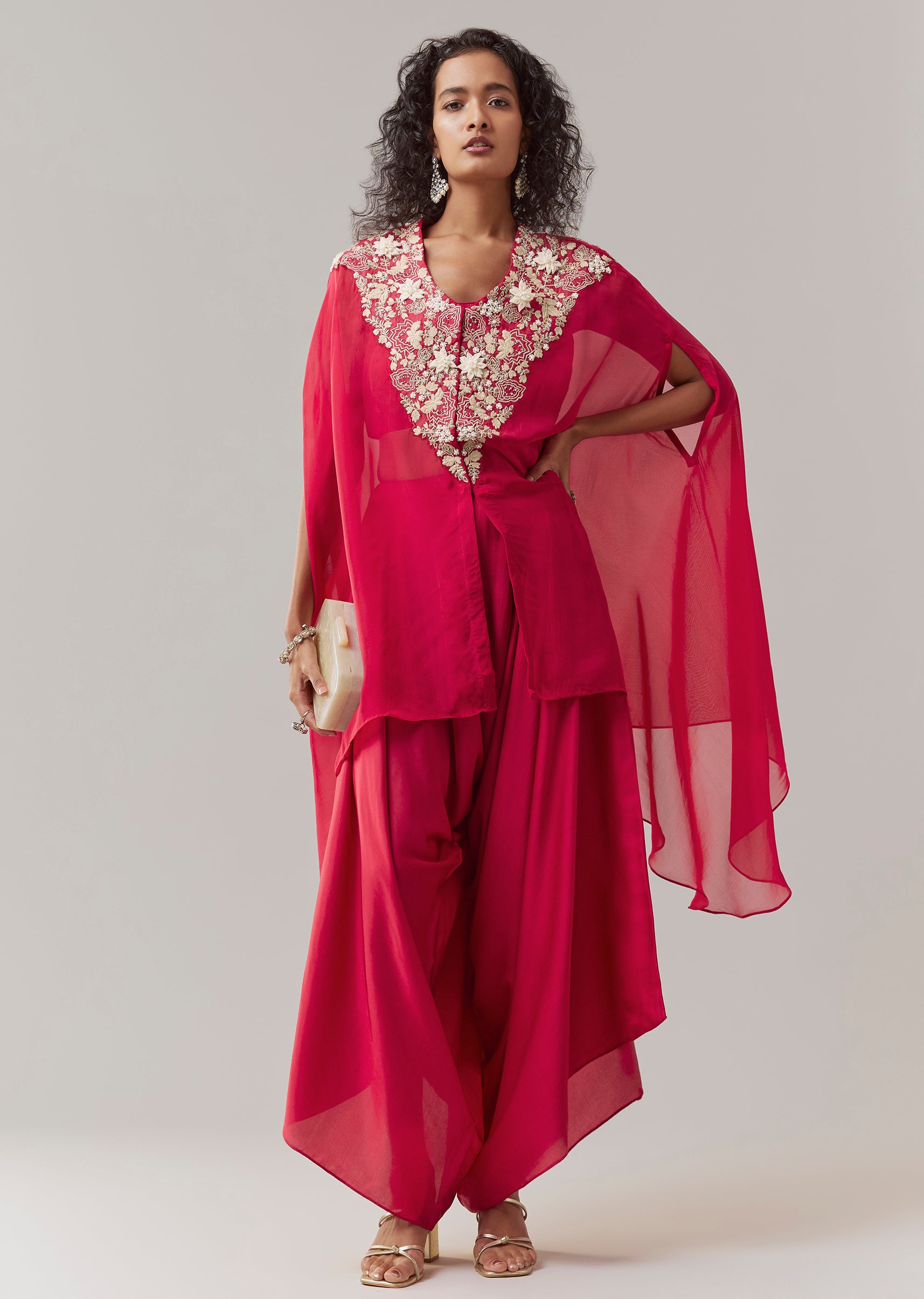 Buy Raspberry Pink Indowestern Embroidered Cape Set | KALKI Fashion USA ...