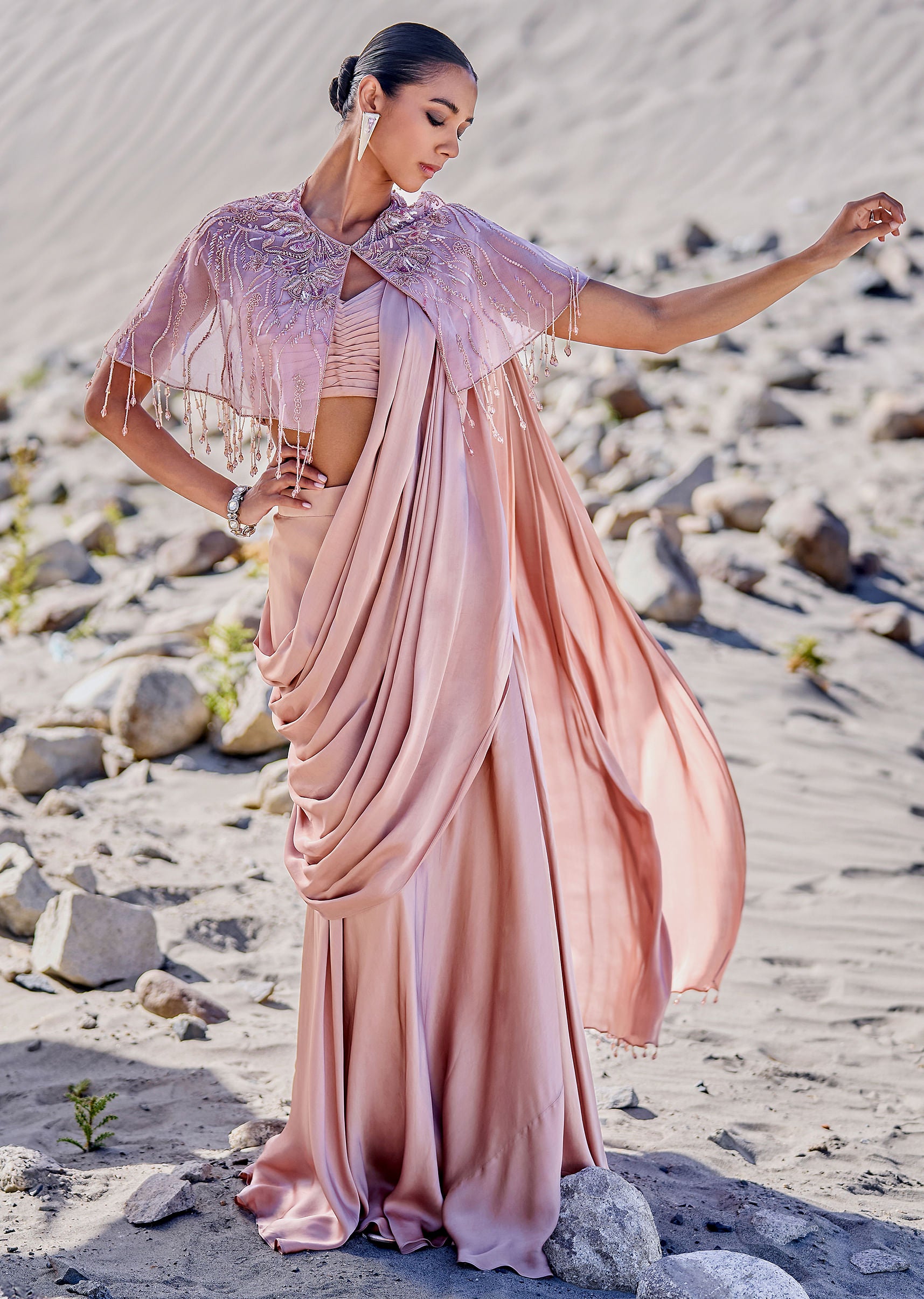 Beige Satin Draped Saree With Pleated Blouse And Embroidered Cape 