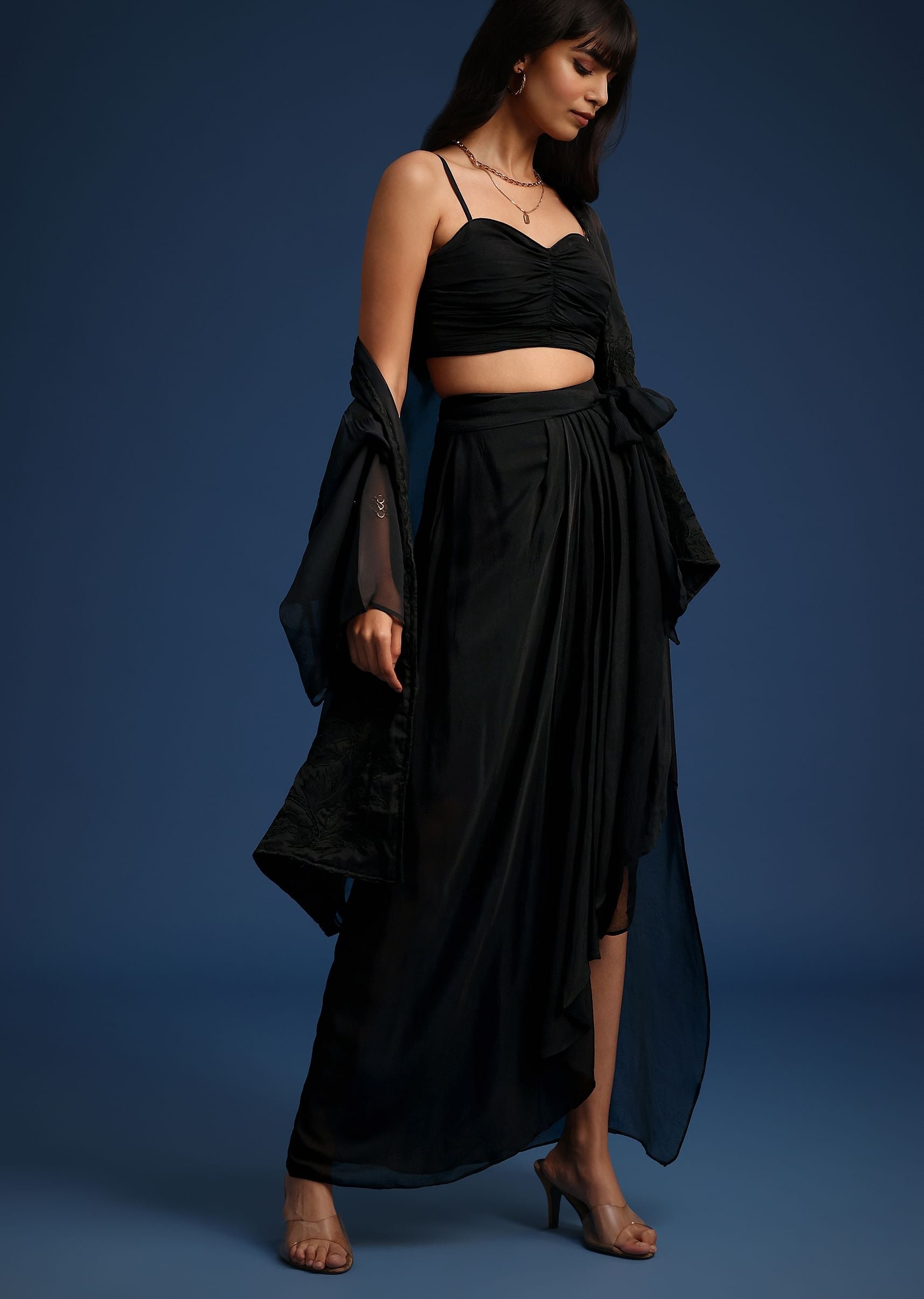 Black Chiffon Asymmetrical Skirt And Jacket Set| KALKI Fashion USA
