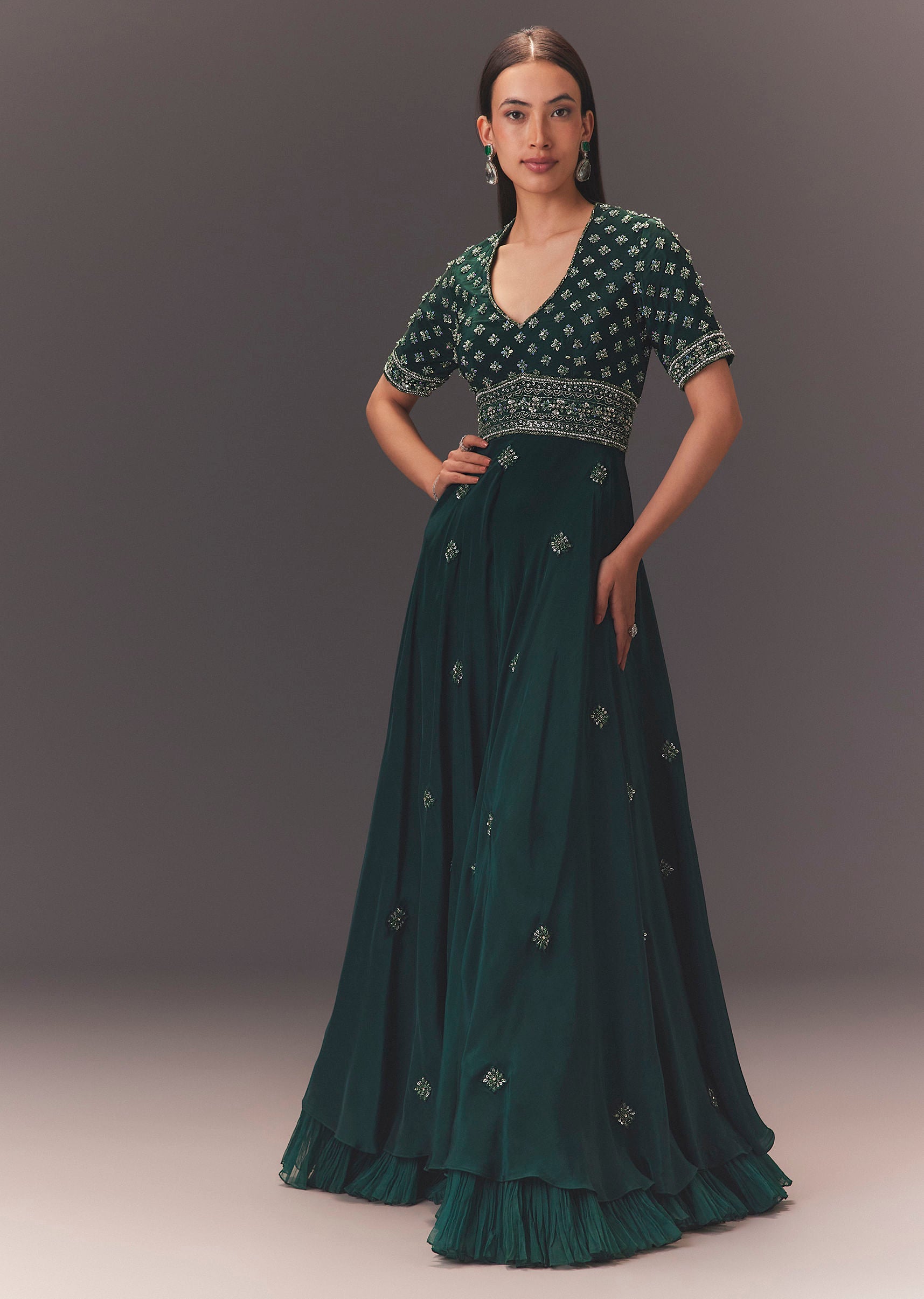 レインボーエトワールコーデ Forest Greenhand Embroidered Double Layer Jumpsuit| KALKI Fashion USA
