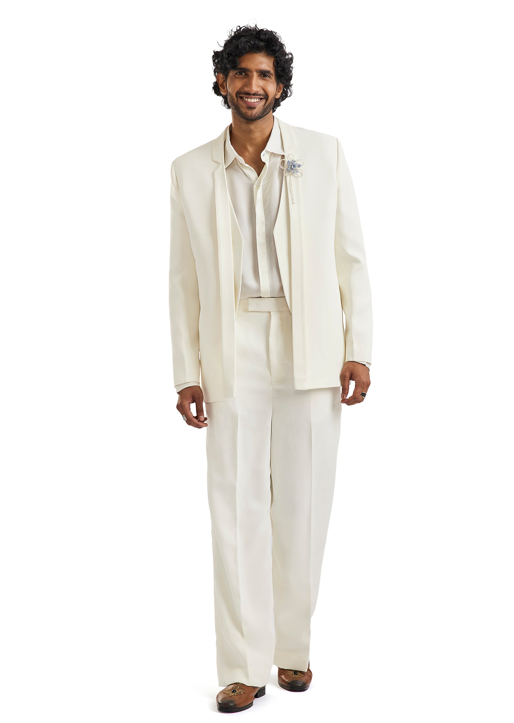 Buy Ivory Tuxedo Set With Pearl Letter Detailing | KALKI Fashion