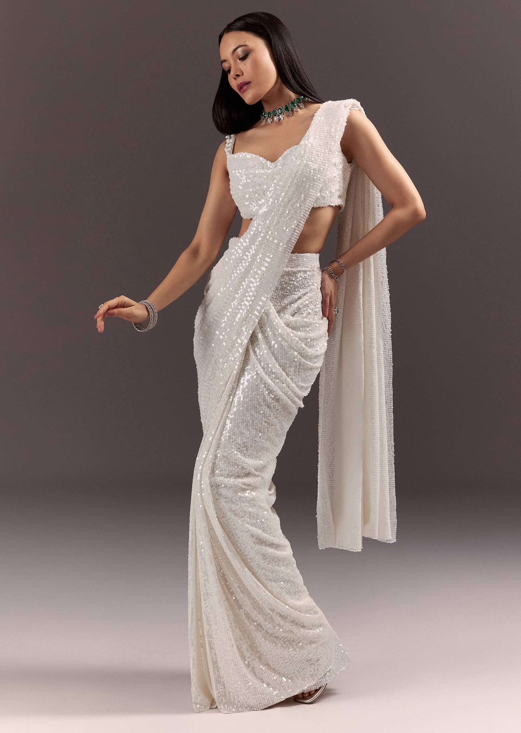 Silver Round Neck Blouse With Ready Drape Saree| KALKI Fashion USA