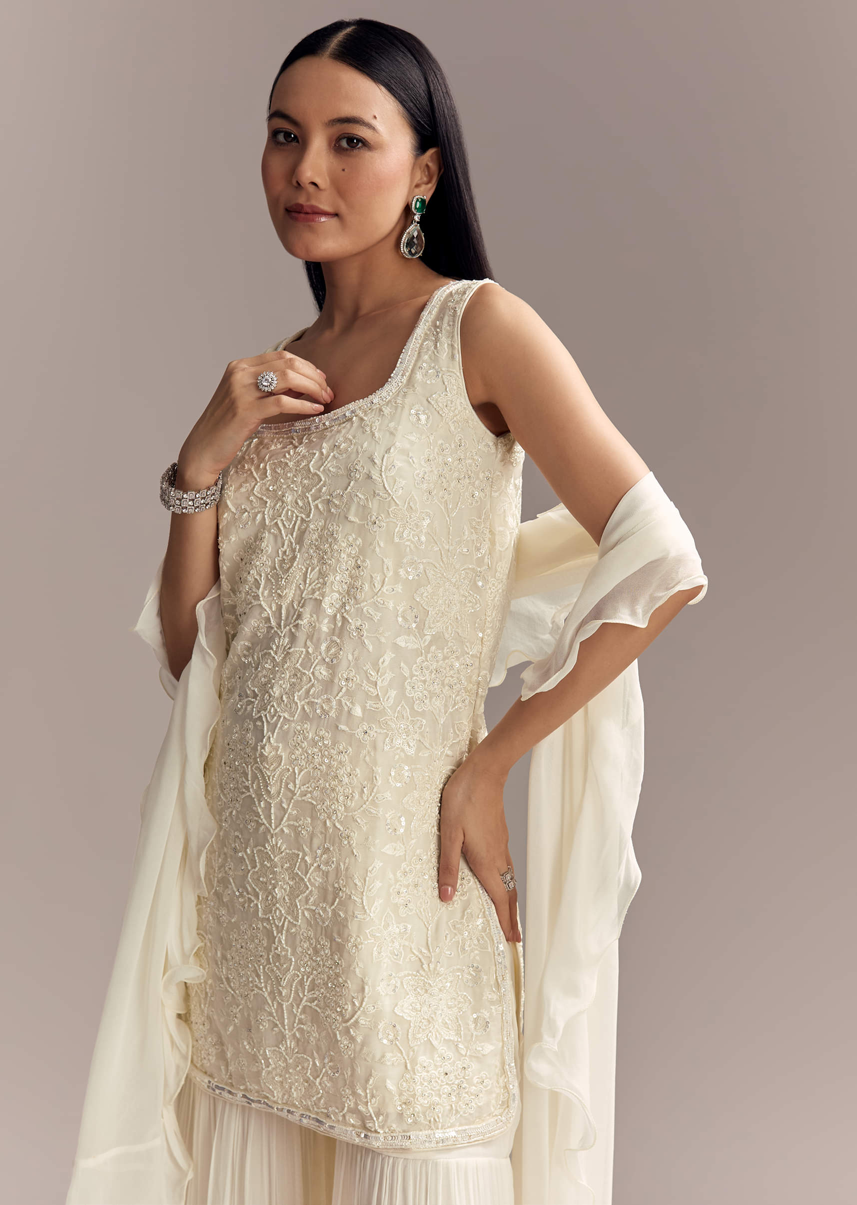 Buy White Georgette Sharara Suit With Intricate Embroidery| KALKI Fashion  India| KALKI Fashion USA